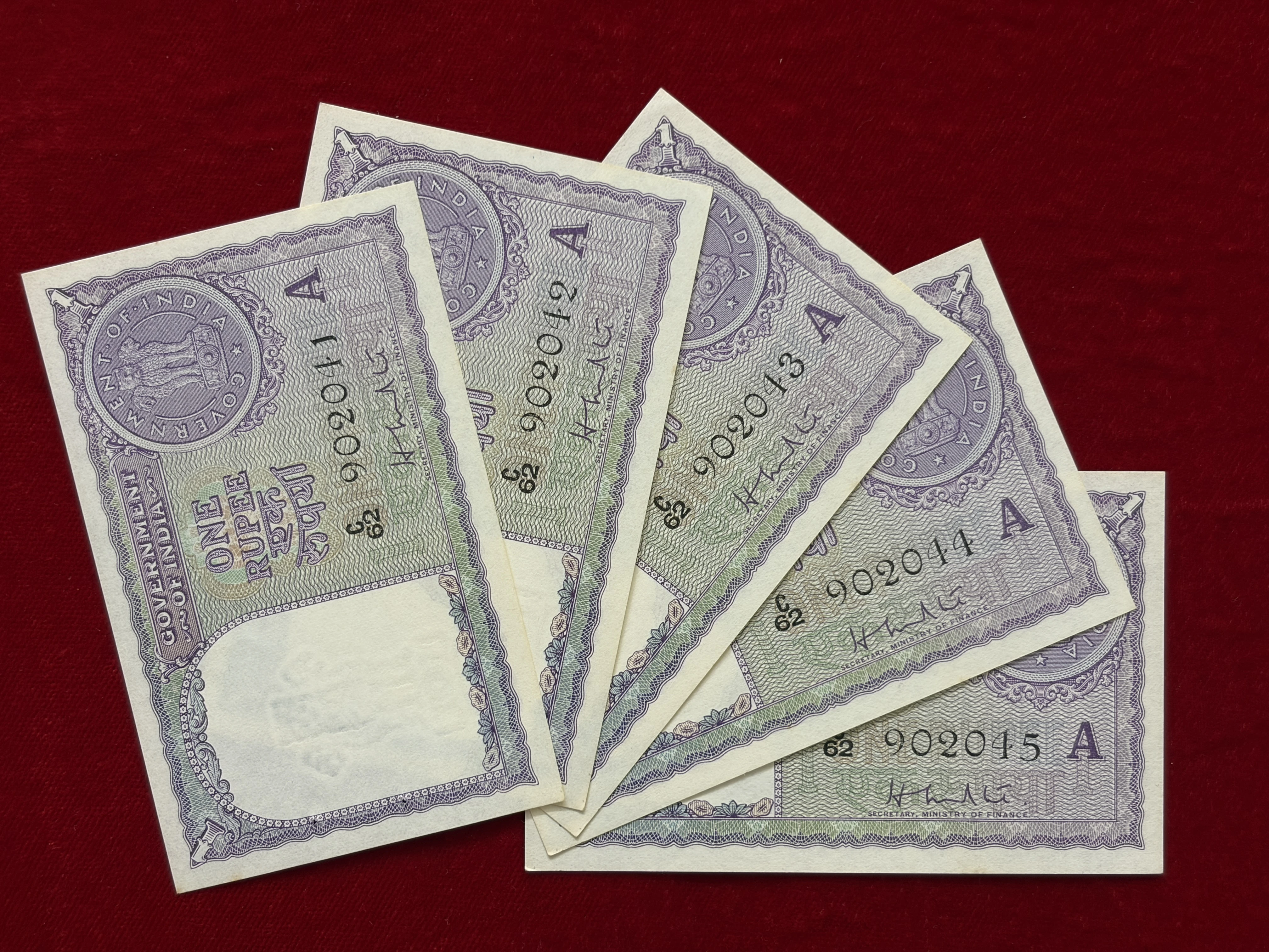 India, 1951 Rupee 1 x 4 Consecutive Serial Banknotes, Sign. H.M. Patel, Inset A, UNC, RARE, (C62 902041)