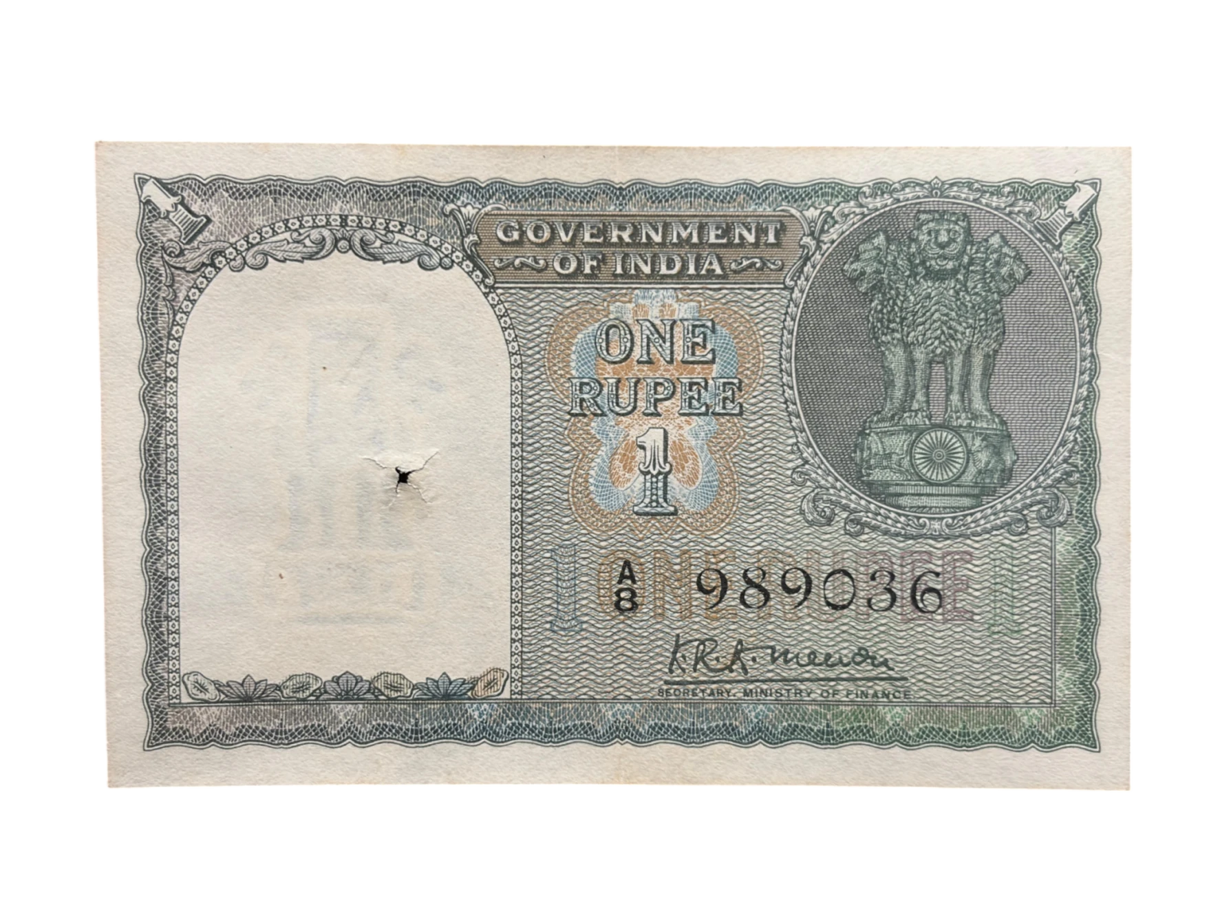 India, 1949 Rupee 1 Banknote, 1st Issue, Sign. K.R.K. Menon, AUNC, RARE & Scare, (A8 989036)