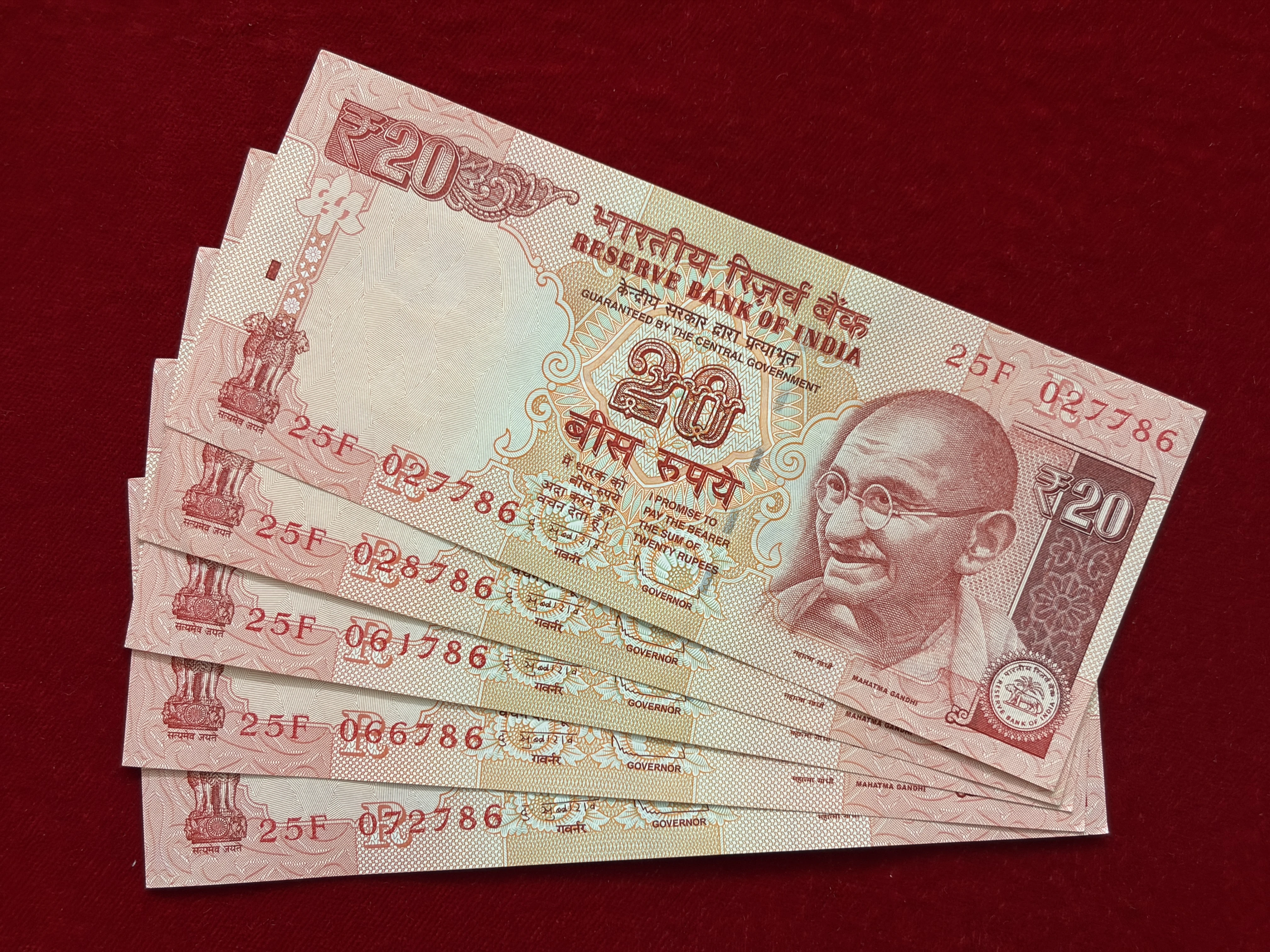 India, 2013 Rupees 20 x 5 Banknotes, Set of Holy Fancy Serial Number Ending 786, Sign. D. Subbarao, Inset R, UNC, Scare, (25F 027786)