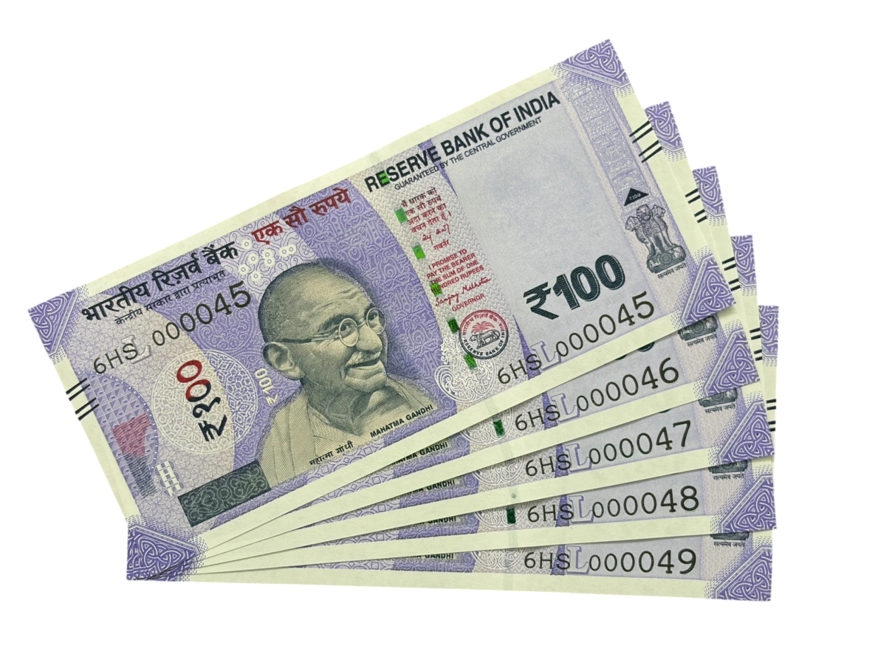 India, 2026 Rupees 100 x 5 Consecutive Serial Banknotes, Lower Fancy Serial Number 6HS 000045 - 6HS 000049, Sign. Sanjay Malhotra, Inset L, UNC, (6HS 000045)
