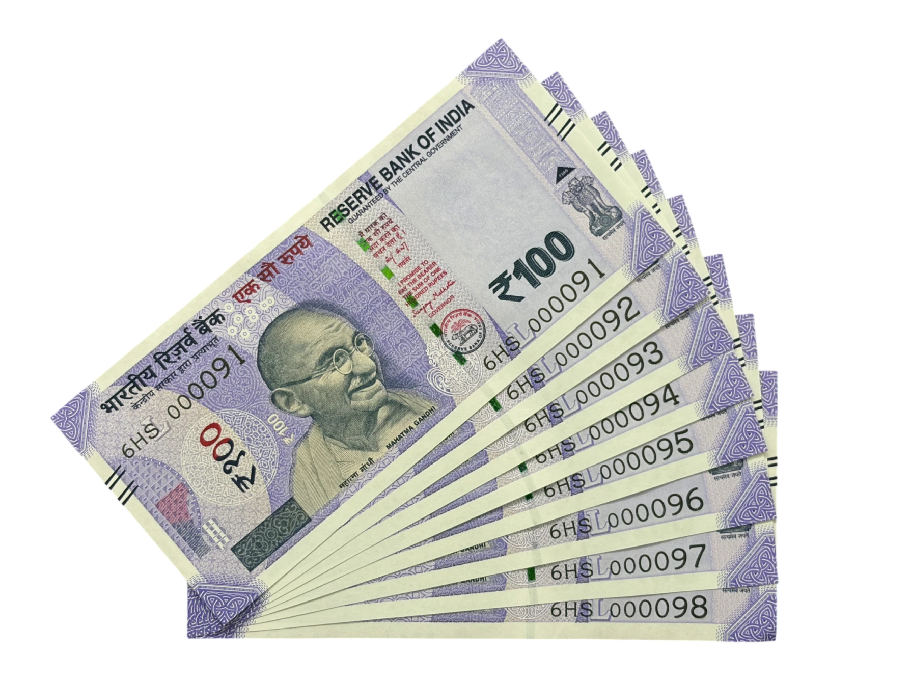India, 2026 Rupees 100 x 8 Consecutive Serial Banknotes, Lower Fancy Serial Number 6HS 000091 - 6HS 000098, Sign. Sanjay Malhotra, Inset L, UNC, (6HS 000091)
