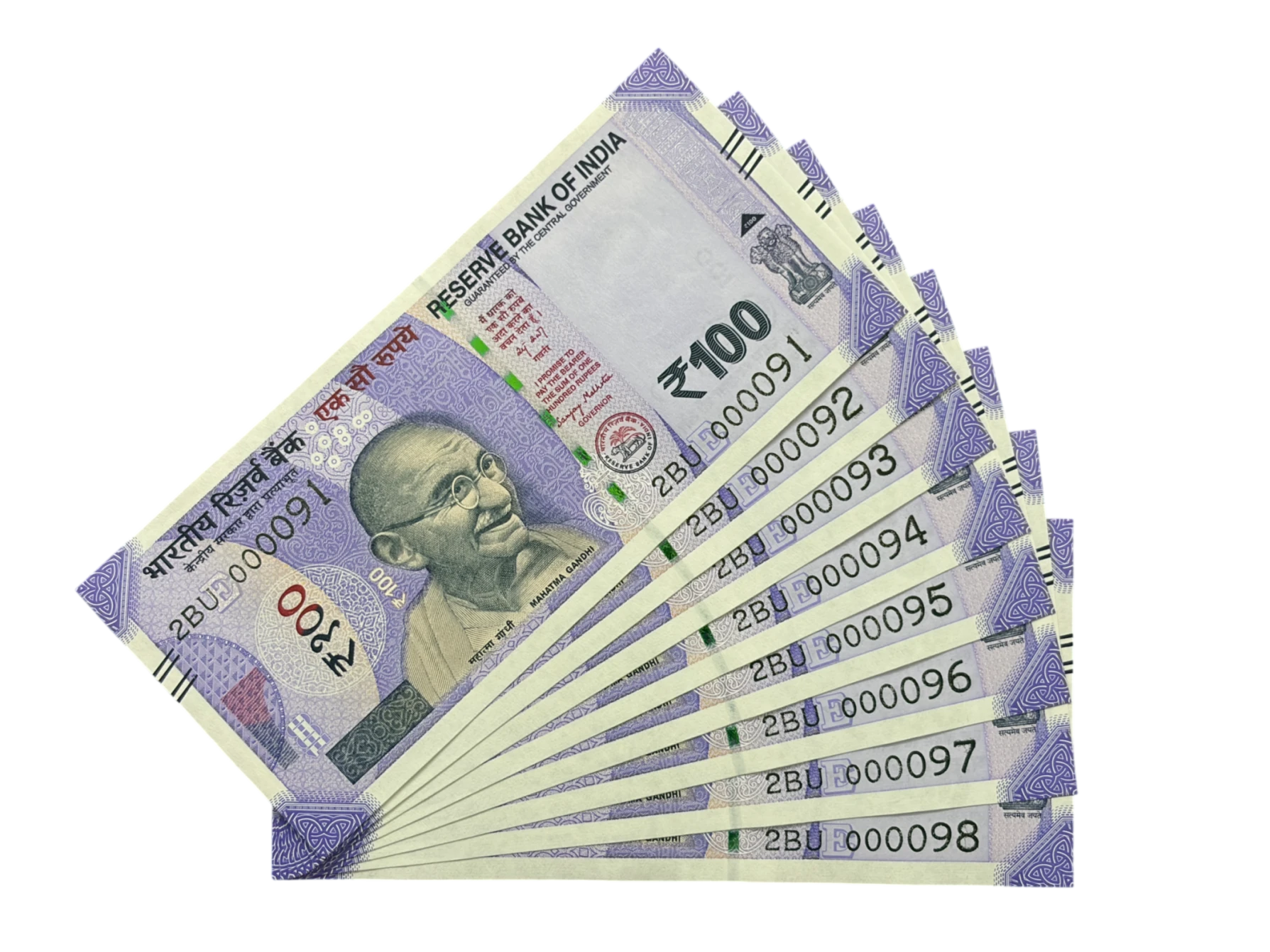 India, 2025 Rupees 100 x 8 Consecutive Serial Banknotes, Lower Fancy Serial Number 2BU 000091 -  2BU 000098, Sign. Sanjay Malhotra, Inset E, UNC, (2BU 000091)