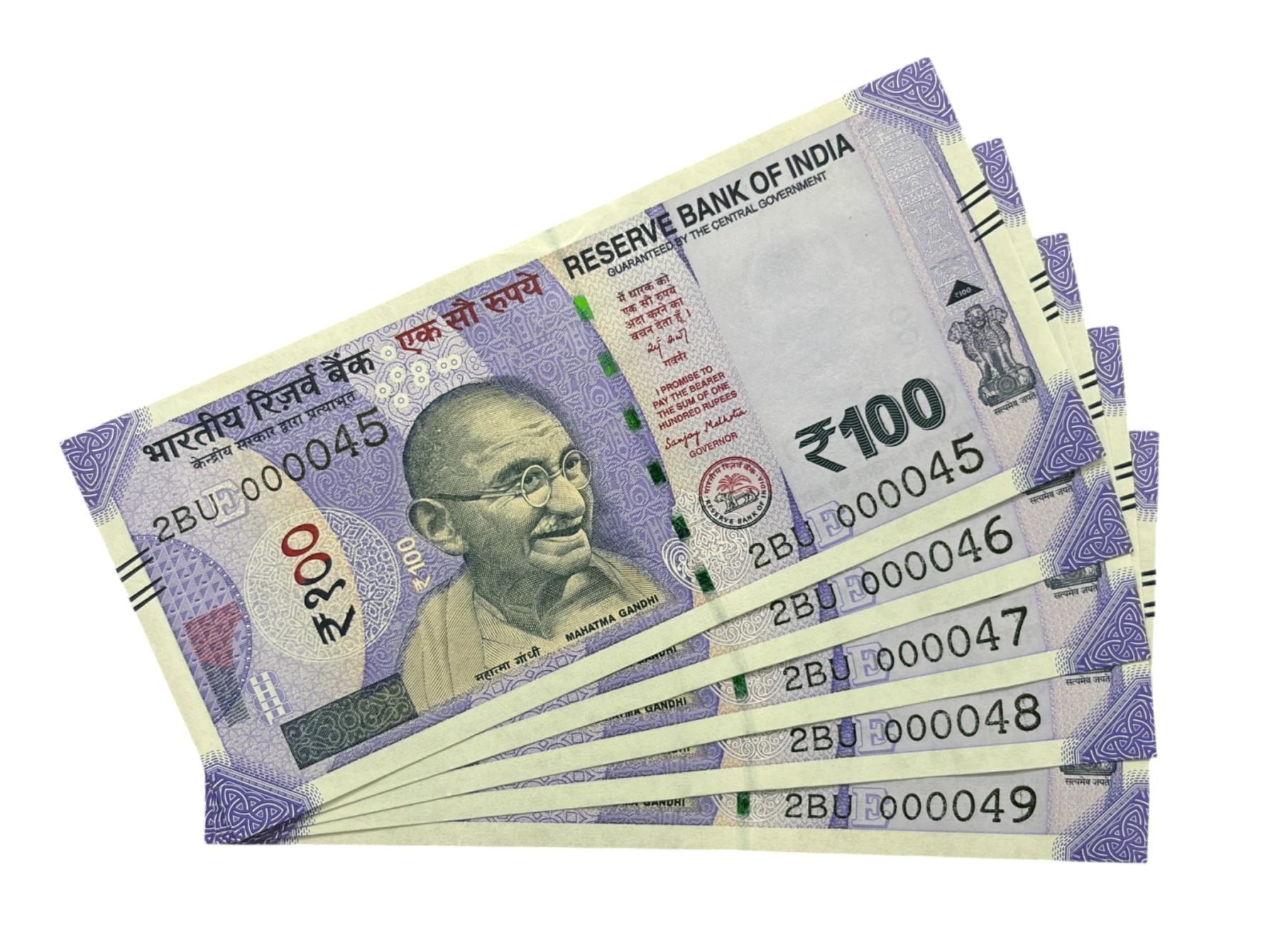 India, 2025 Rupees 100 x 5 Consecutive Serial Banknotes, Lower Fancy Serial Number 2BU 000045 - 2BU 000049, Sign. Sanjay Malhotra, Inset E, UNC, (2BU 000045)