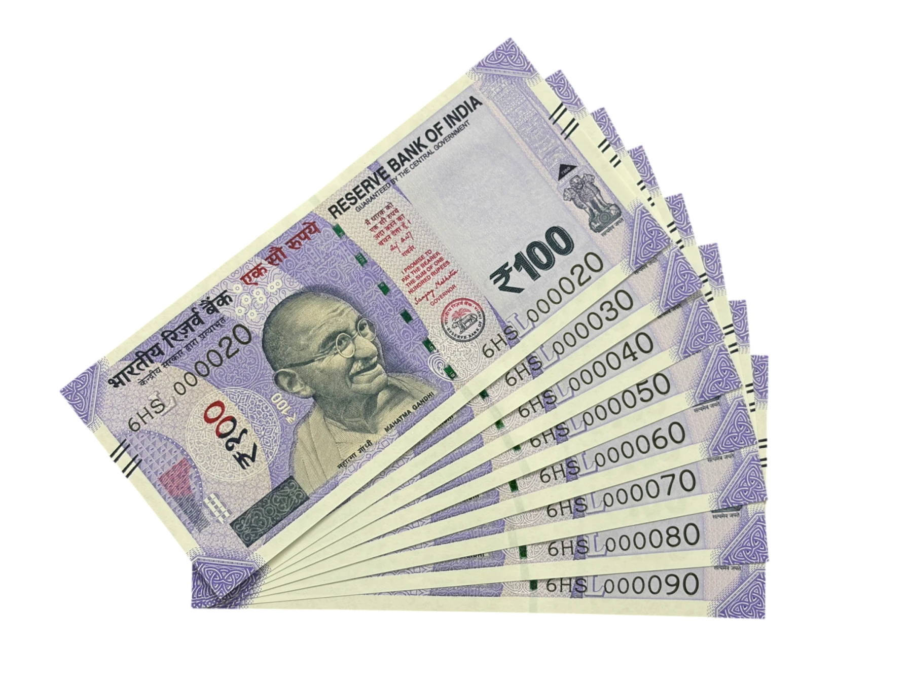 India, 2026 Rupees 100 x 8 Banknotes, Set of Lower Fancy Serial Number 6HS 000020 - 6HS 000080, Sign. Sanjay Malhotra, Inset L, UNC, (6HS 000020)