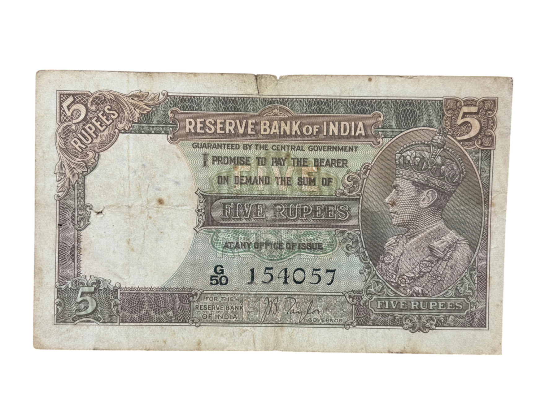 British India, 1938 Rupees 5 Banknote, King George VI (KG VI), Sign. J. B. Taylor, (G50 154057)