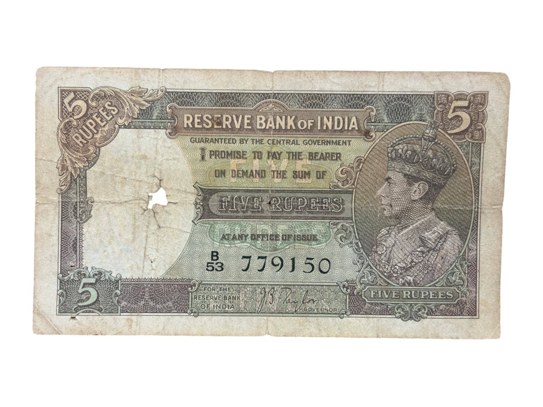 British India, 1938 Rupees 5 Banknote, King George VI (KG VI), Sign. J. B. Taylor, (B53 779150)