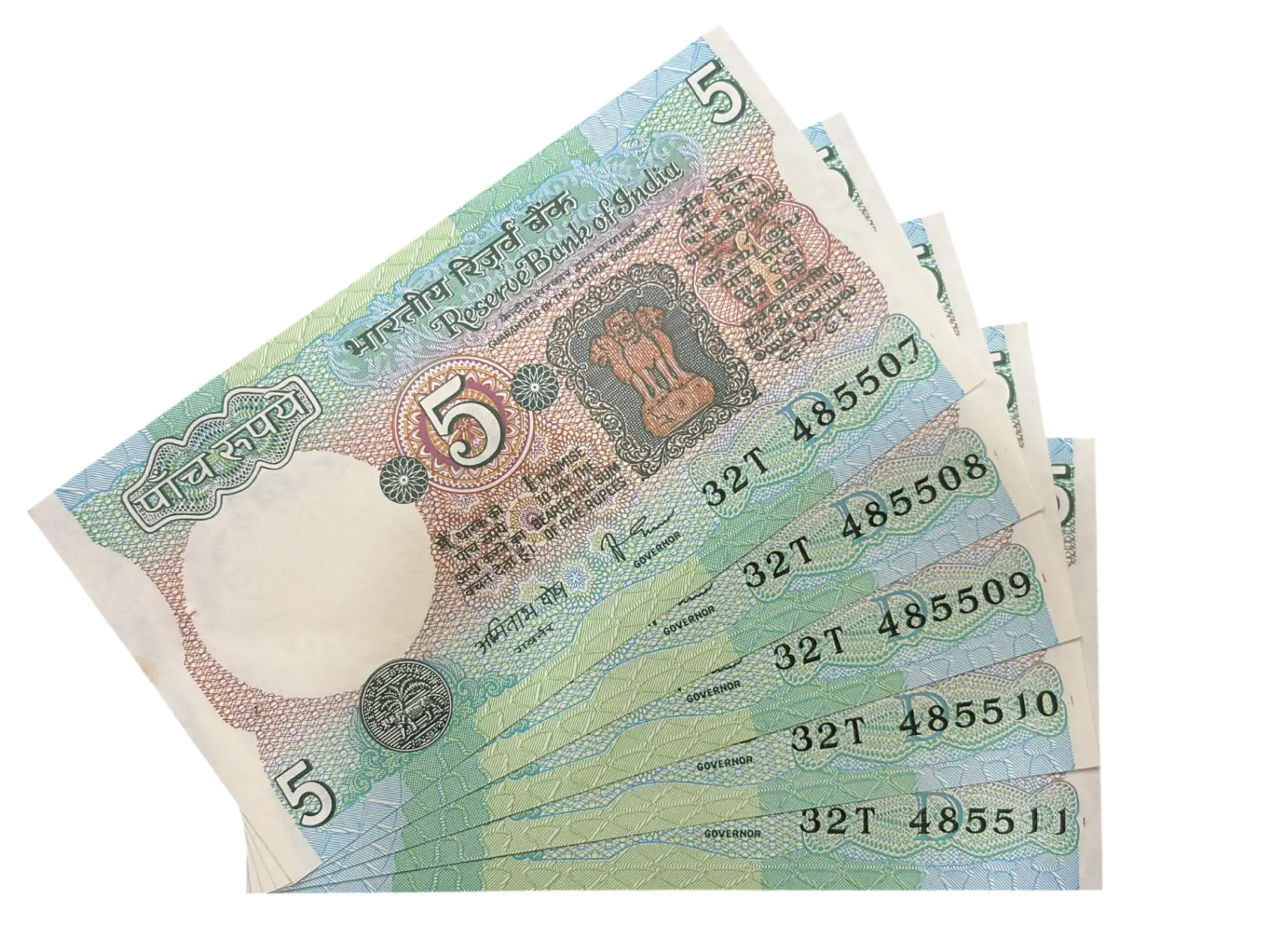 India, Rupees 5 x 5 Consecutive Serial Banknotes, Tractor Issue, Sign. Amitabh Ghosh, Inset D, UNC, RARE, (32T 485507)