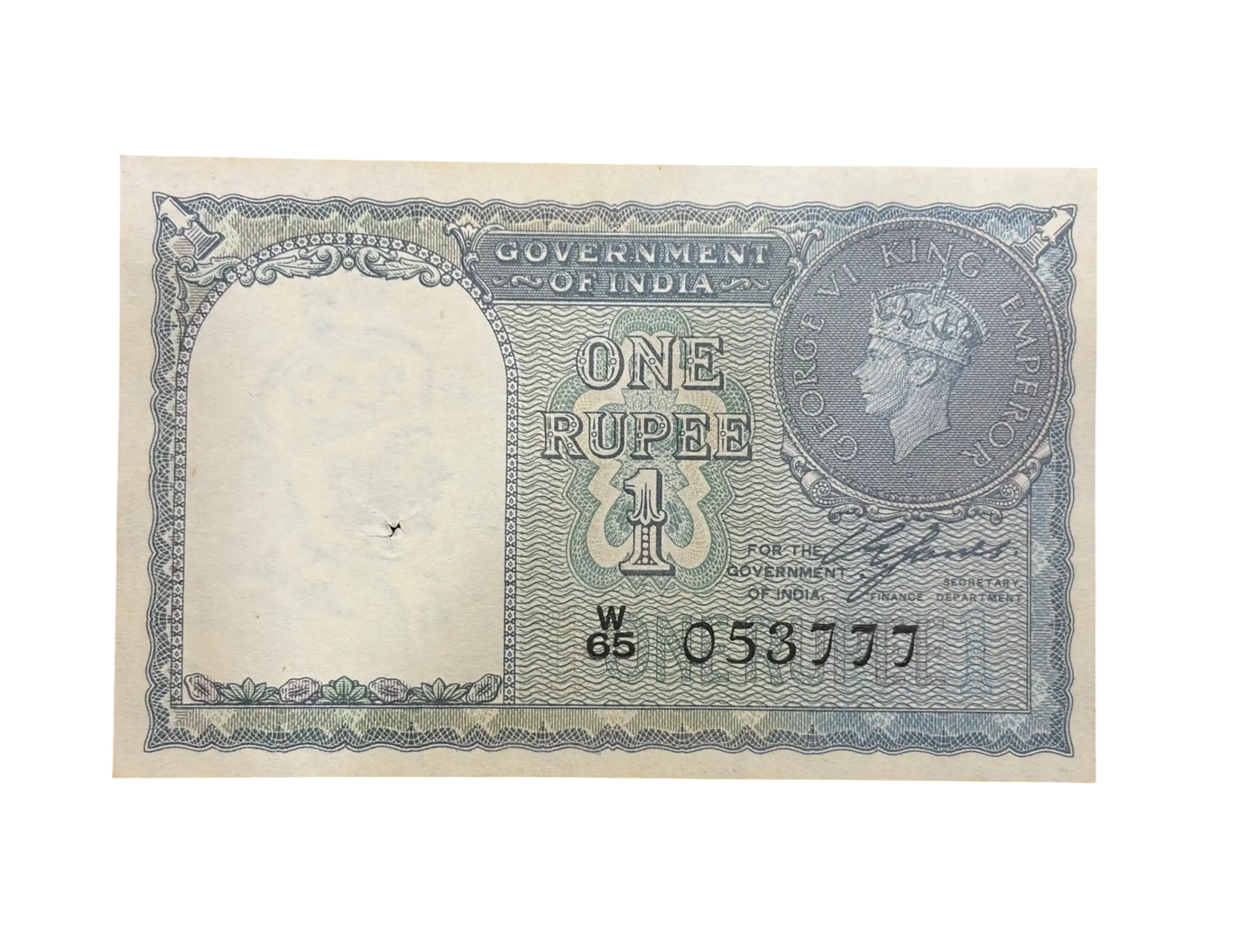 British India, 1940 Rupees 1 Banknote, King George VI (KG VI), Black Serial #, Sign. C.E. Jones, Inset Plain, Scare, (W65 053777)
