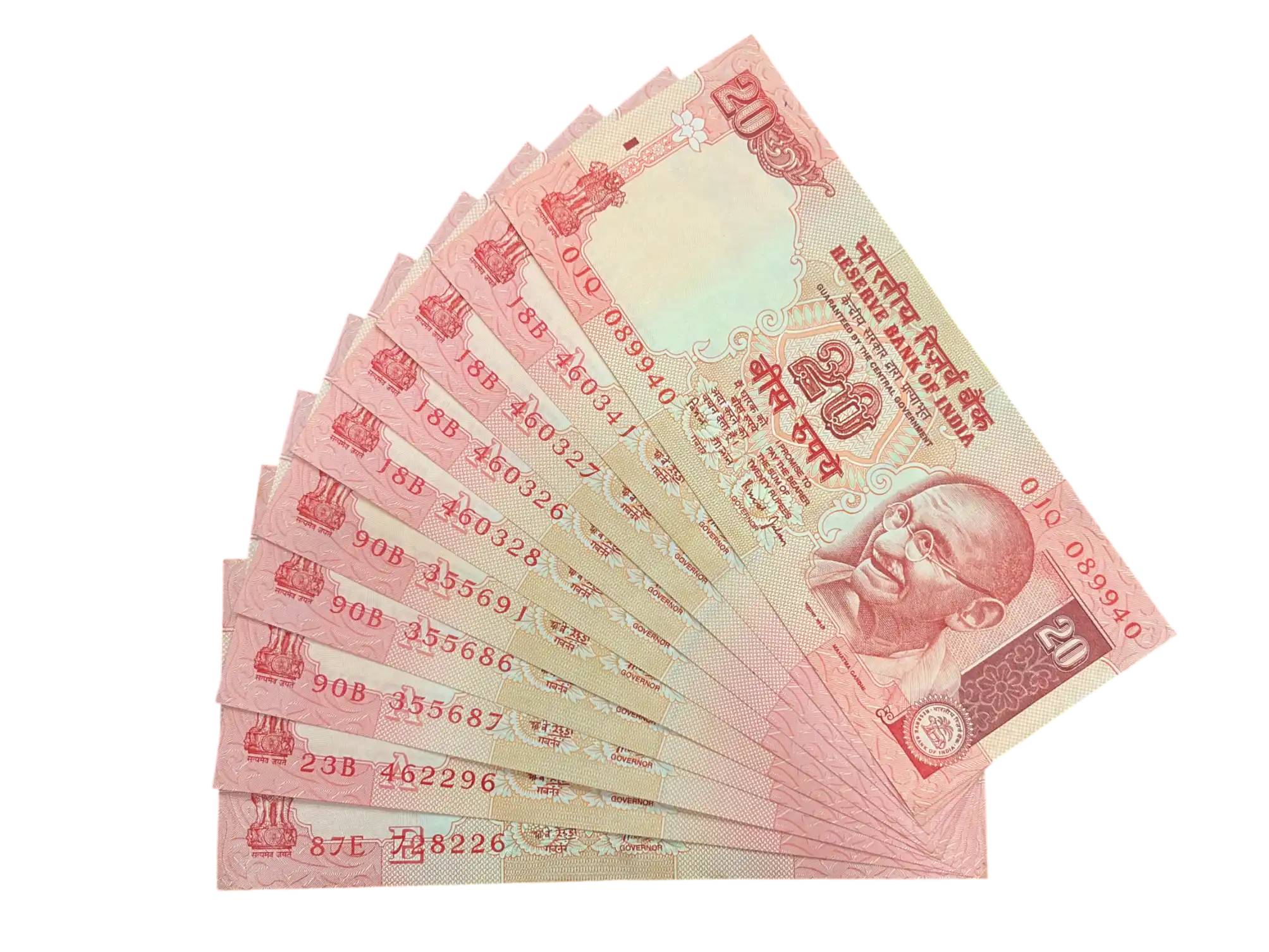 India, Rupees 20 x 10 Banknotes, Gandhi Series, UNC, (01Q 089940)