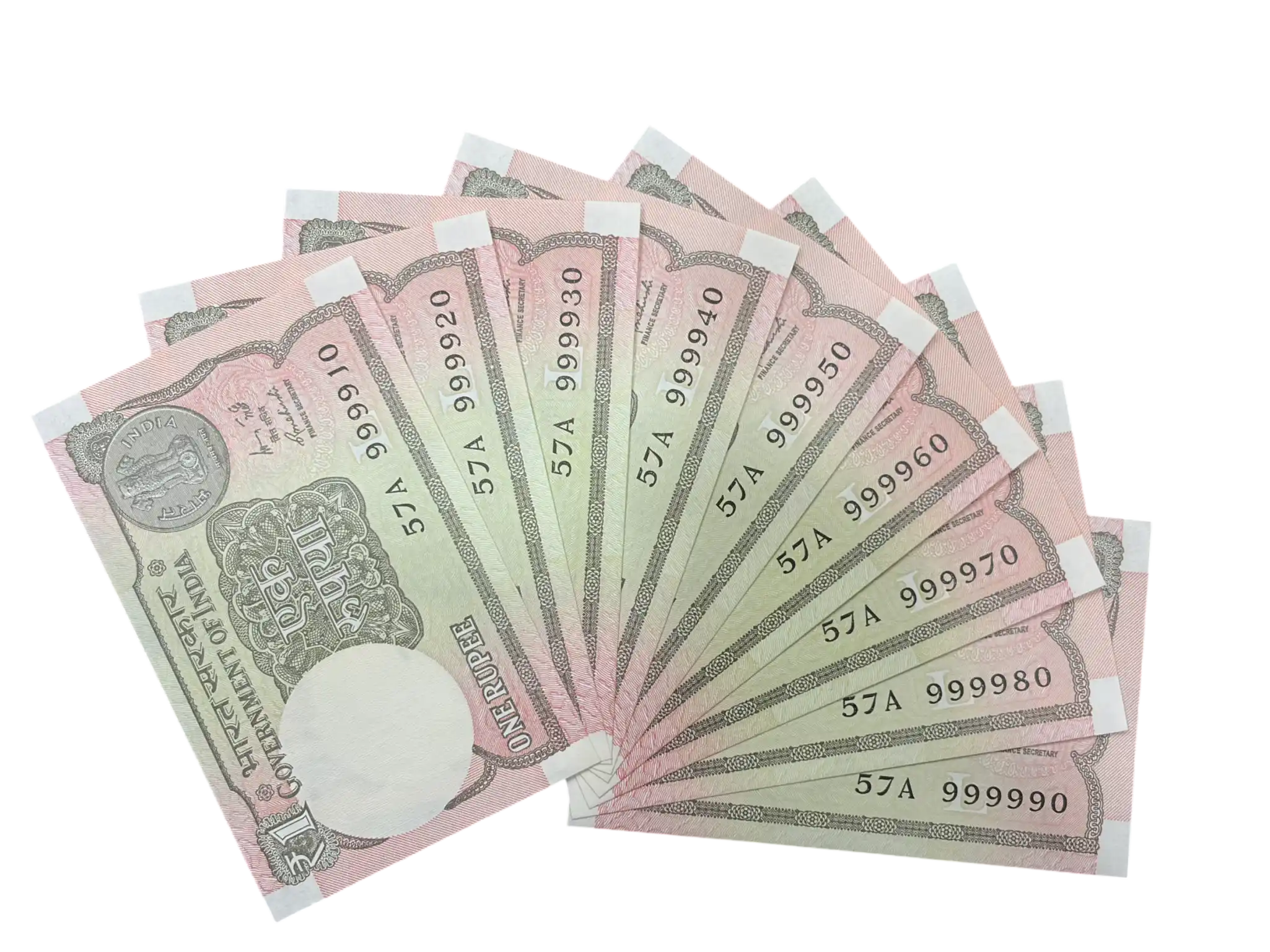 India, 2015 Rupee 1 x 9 Banknotes, Set of Fancy Serial Number 57A 999910 - 57A 999990, Sign. Rajiv Mehrishi, Inset L, UNC, (57A 999910)