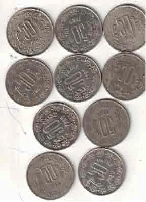 50 PAISE ( 10 PCS )   USED  XF  1984 TO 1990 MIX MINT MIX YEAR
