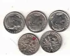 USA 1 DIME SILVER COIN  ( 5 COIN )   XF MIX YEAR MIX MINT