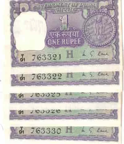 INDIA 1 RS BIG NOTE GEM UNC ( 10 NOTE ) M G KUL S NO 763321 TO 763330