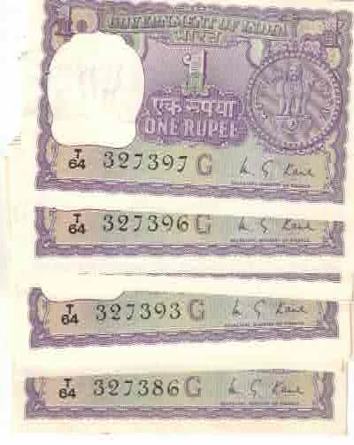INDIA 1 RS BIG NOTE GEM UNC ( 12 NOTE ) M G KUL S NO 327386 TO 327397