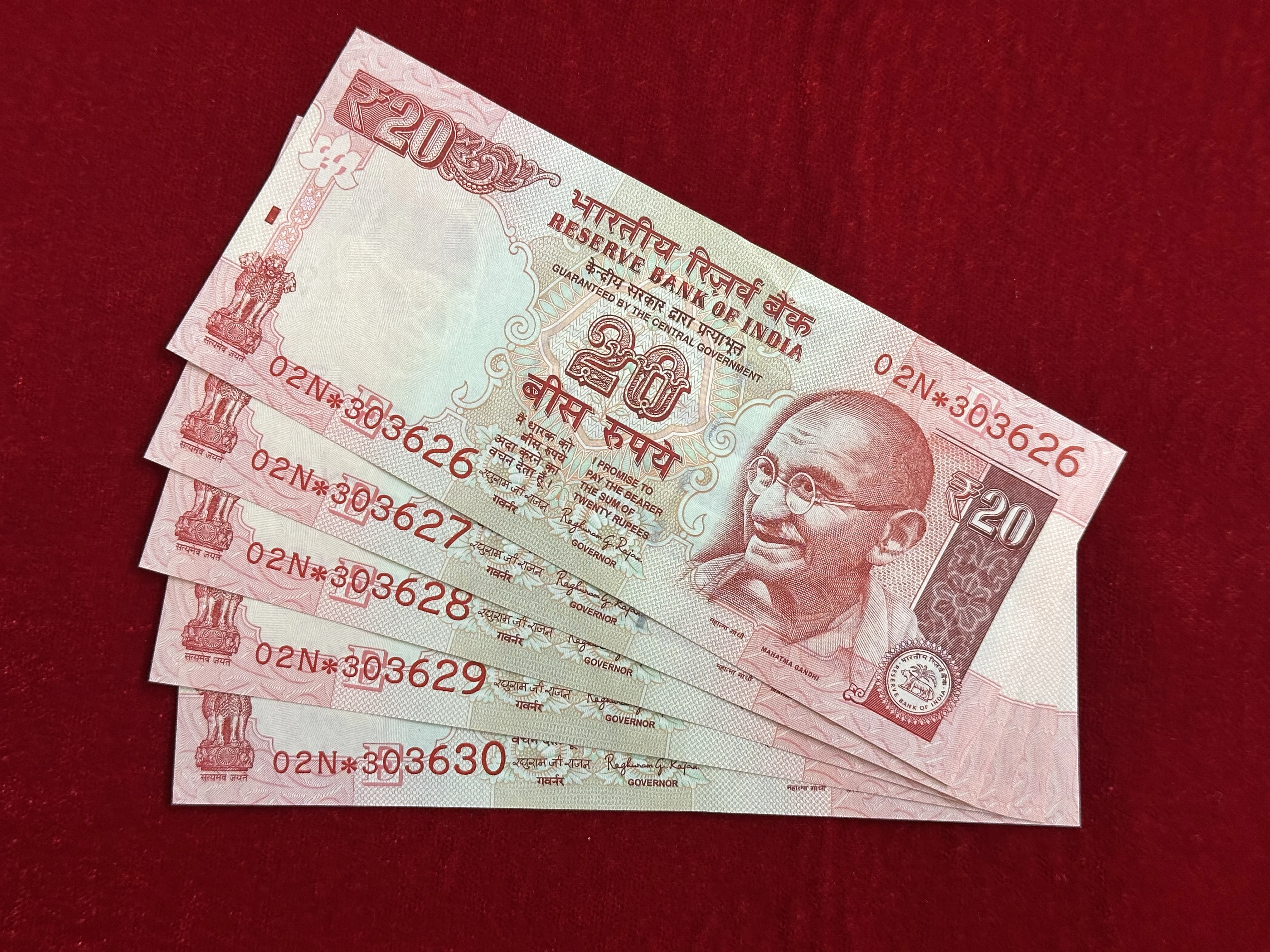 India, 2016 Rupees 20 x 5 Consecutive Serial Star Series Banknotes, Sign. Raghuram G. Rajan, Inset E, Prefix 02N, UNC, (02N 303626)