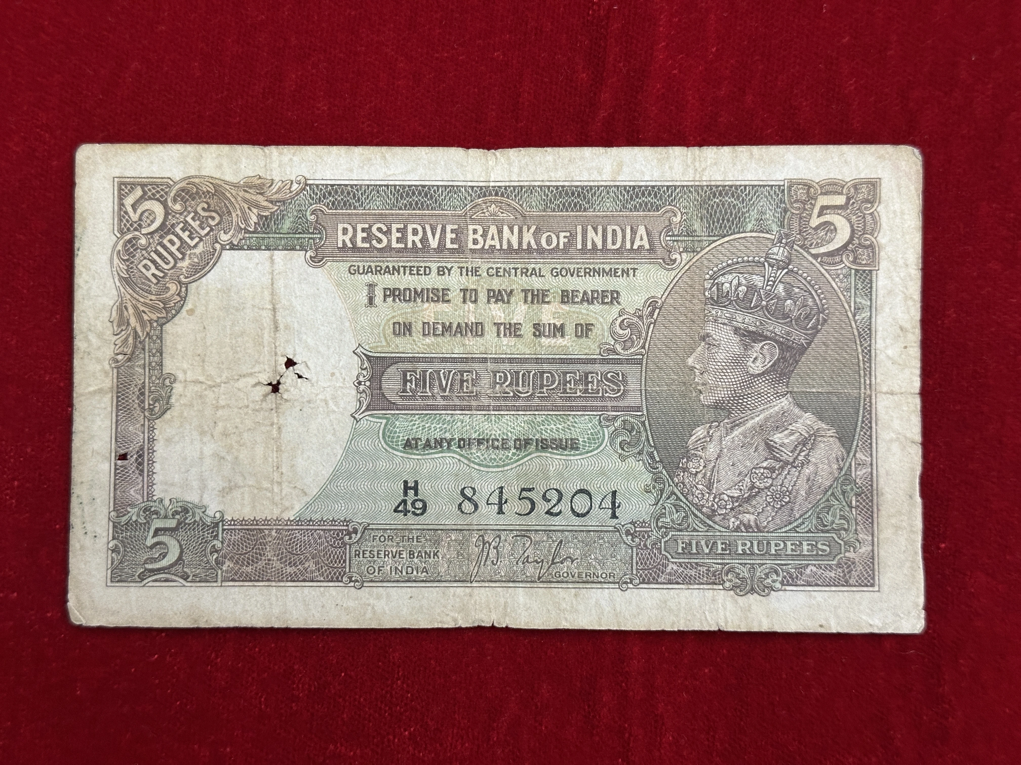 British India, 1938 Rupees 5 Banknote, King George VI (KG VI), Sign. J. B. Taylor, (H49 845204)