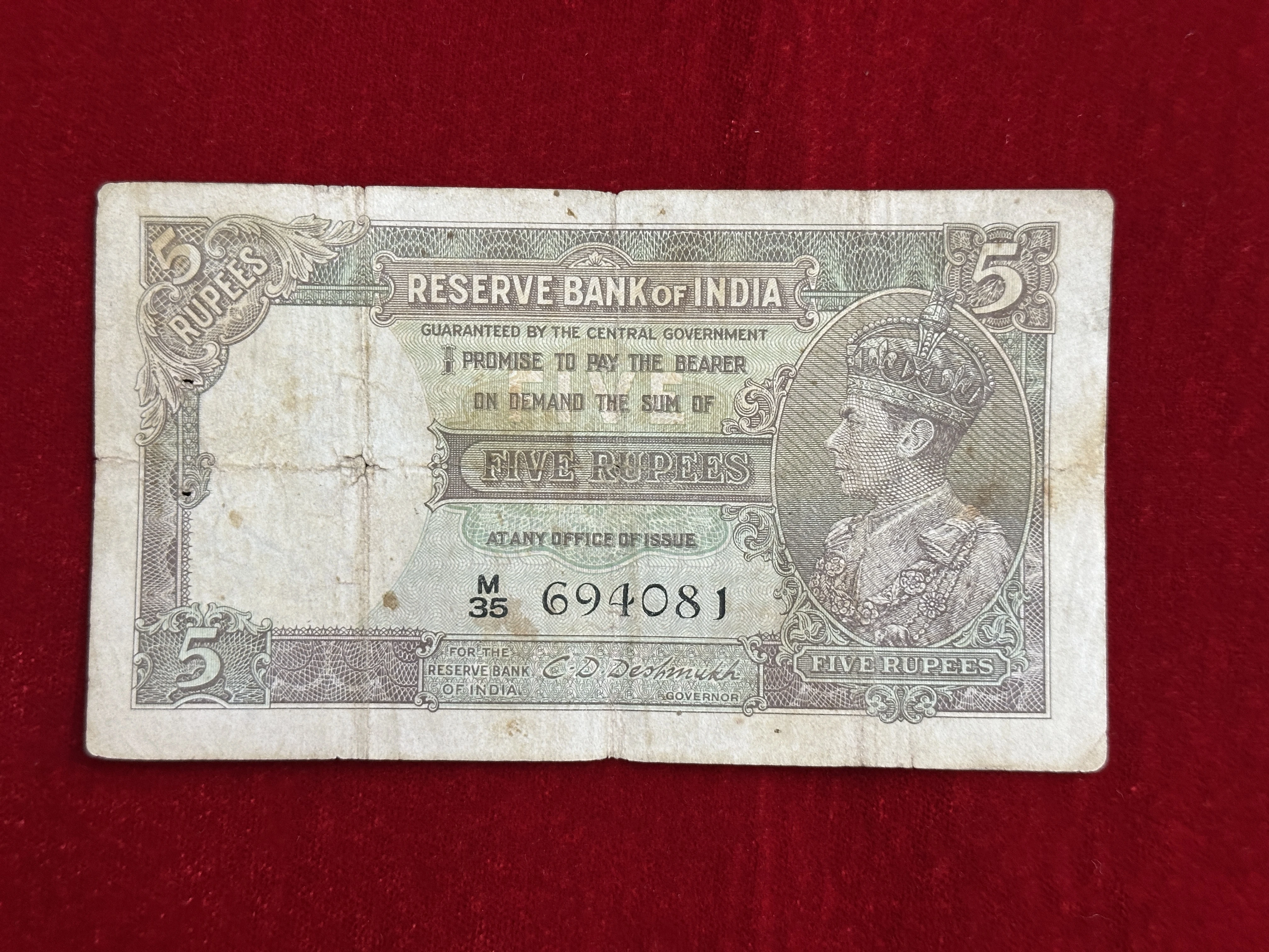 British India, 1944 Rupees 5 Banknote, King George VI (KG VI), Sign. C.D. Deshmukh, (M35 694081)