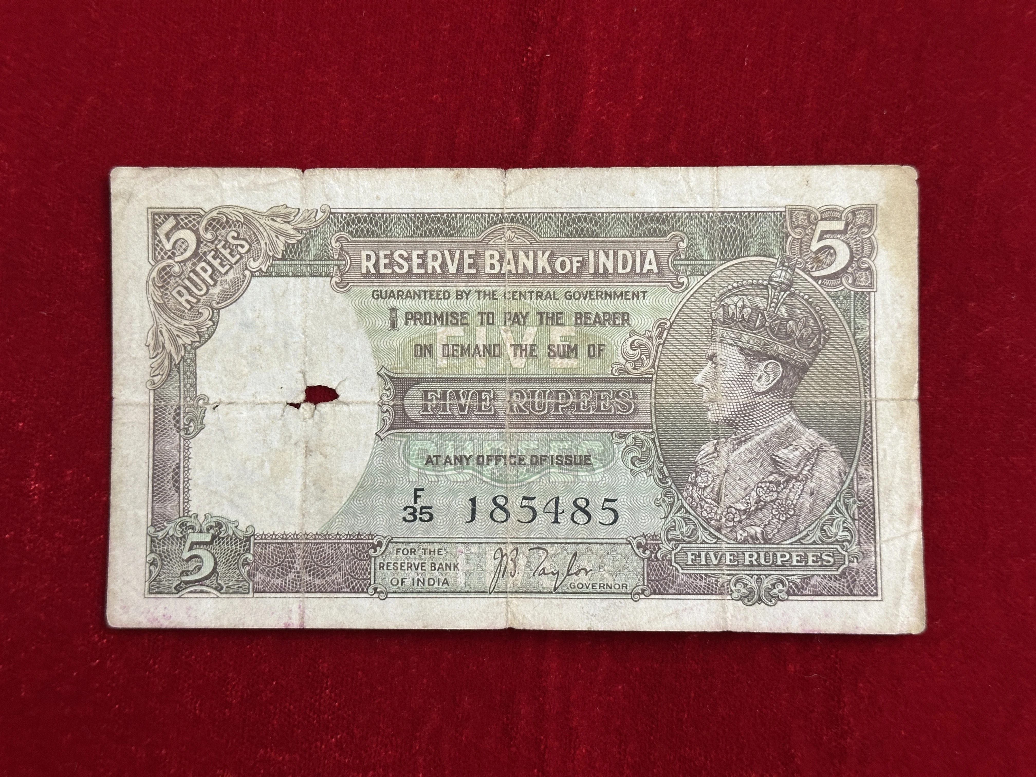 British India, 1938 Rupees 5 Banknote, King George VI (KG VI), Sign. J. B. Taylor, (F35 185485)