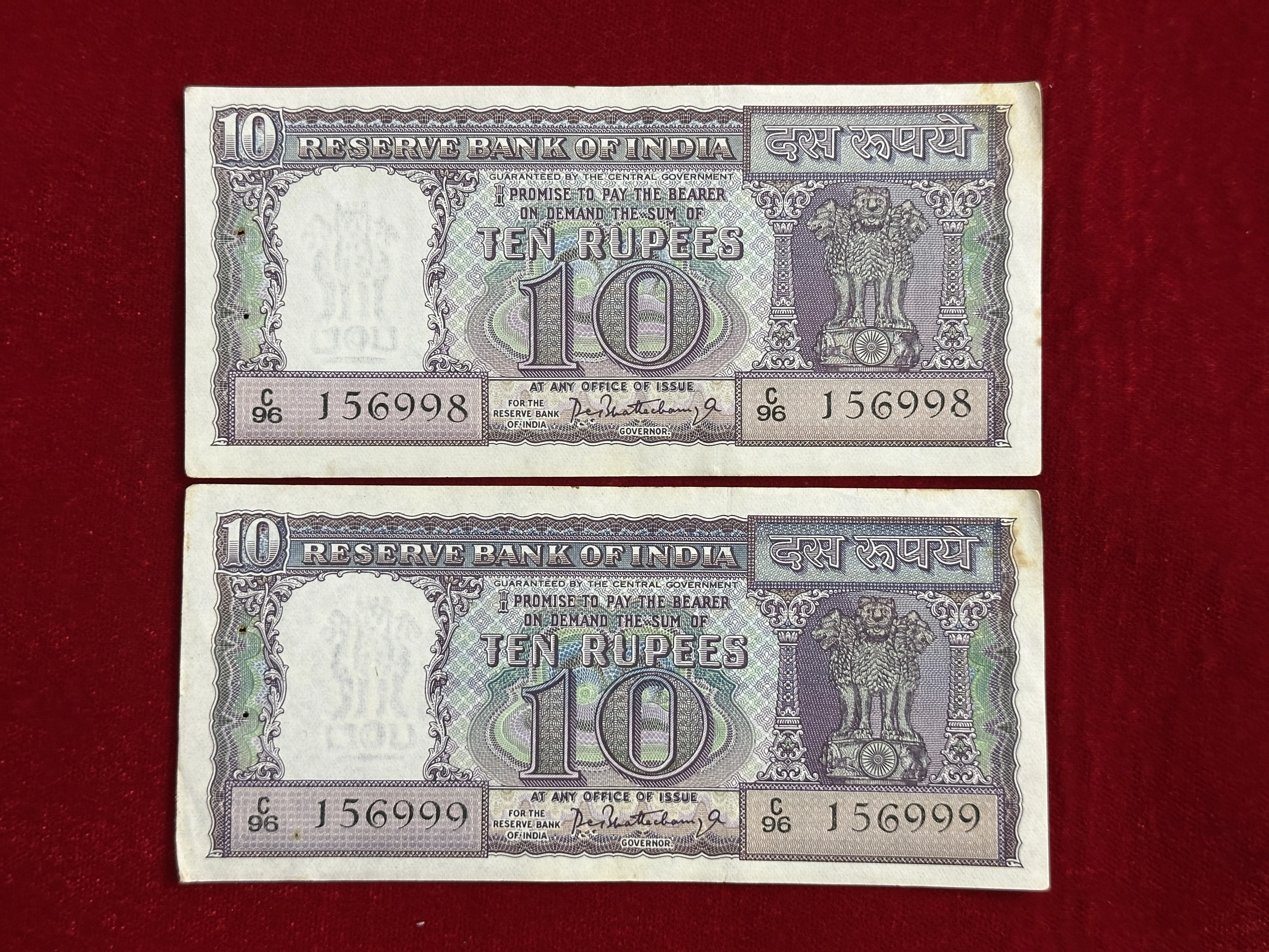 India, Rupees 10 x 2 Consecutive Serial Number Banknotes, Diamond Issue, Sign. P.C. Bhattacharya, (C96 156998)