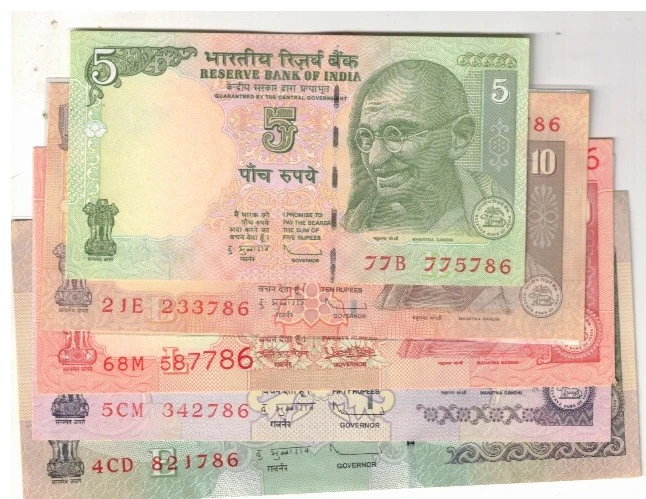 INDIA 5 10 20 50 AND 100 ENDINIG HOLLY NUMBER ***786 UNC ALL