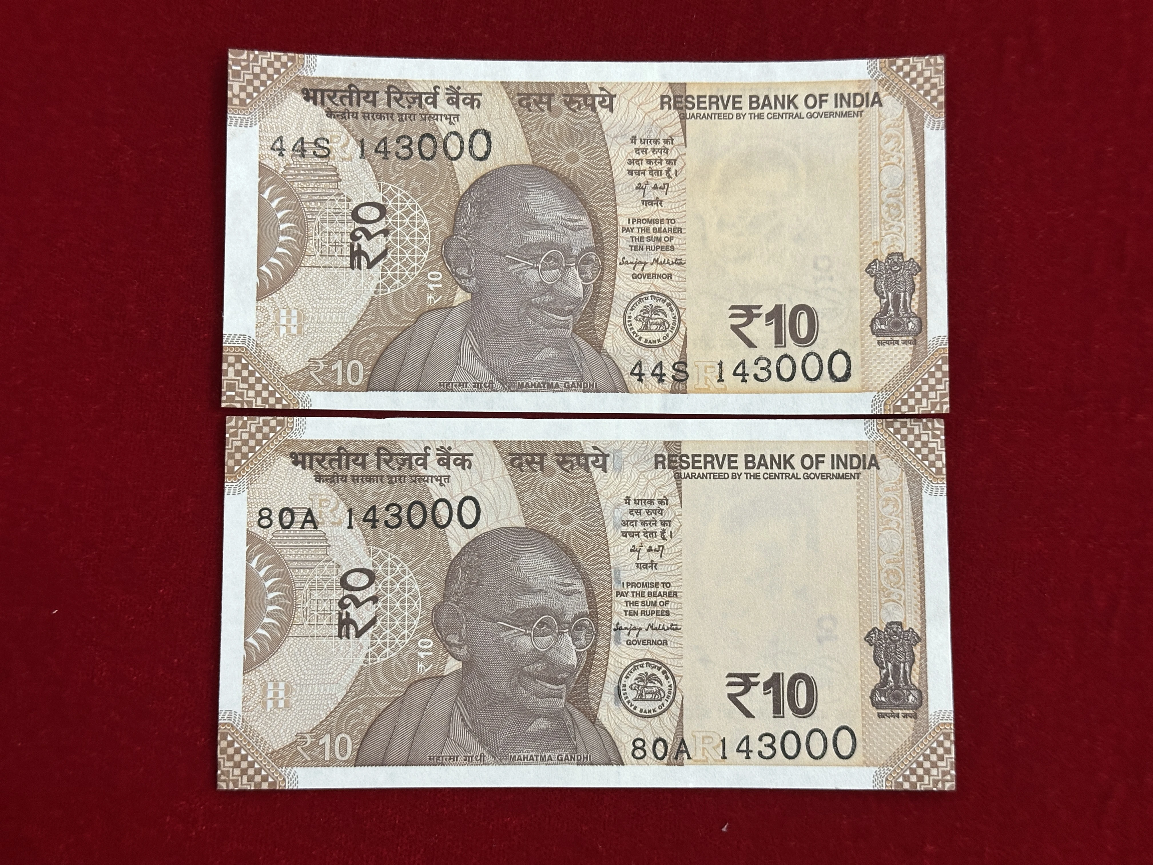 India, Rupees 10 x 2 Banknotes, Pair of Fancy Serial Number 143-000 (I Love You), Sign. Sanjay Malhotra, Inset R, UNC, (44S 143000)