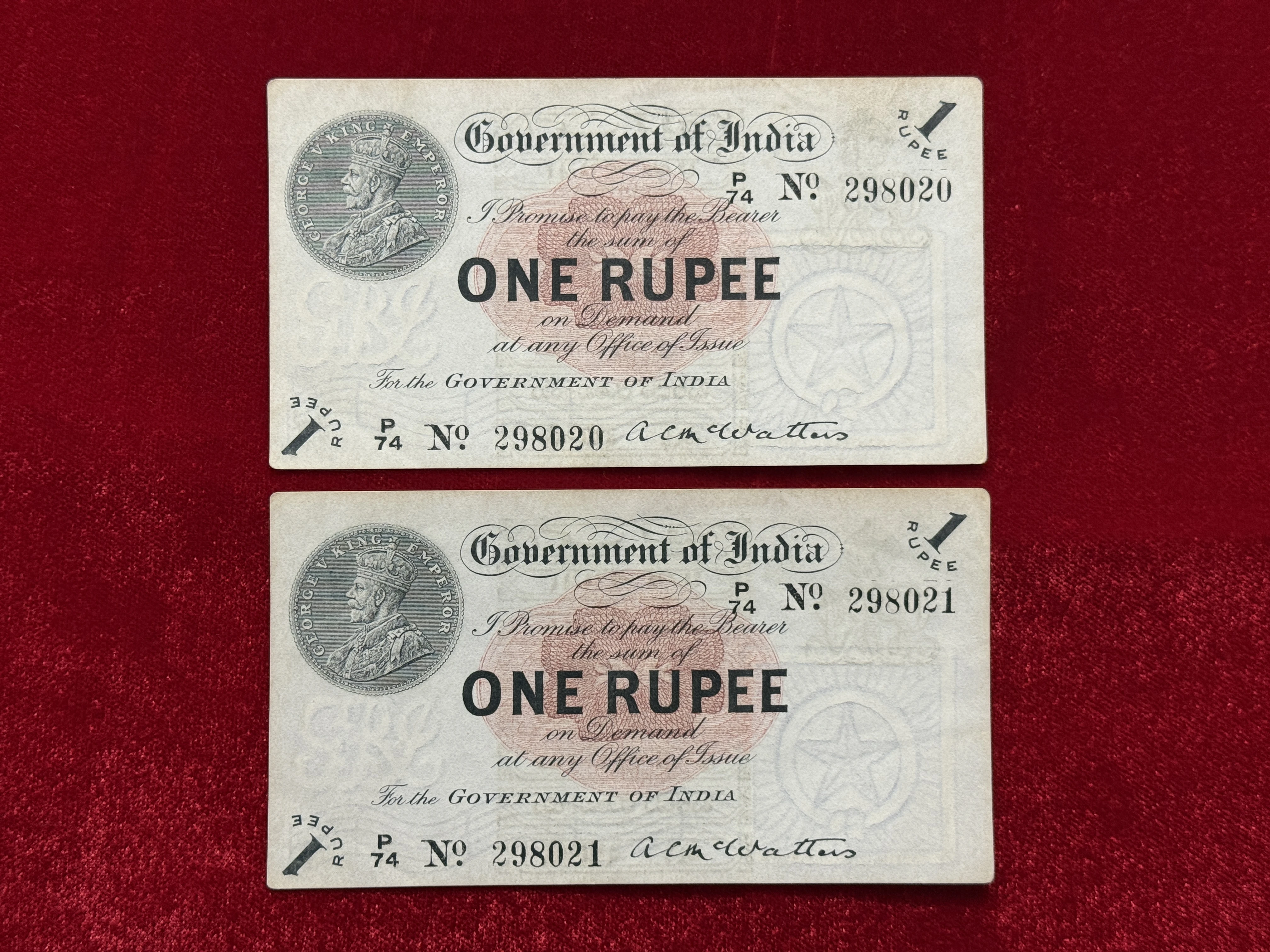 British India, 1917 Rupee 1 x 2 Consecutive Serial Banknotes, King George V (KG V), Sign. M.M.S. Gubbay, UNC, EX. RARE, (P74 298020)