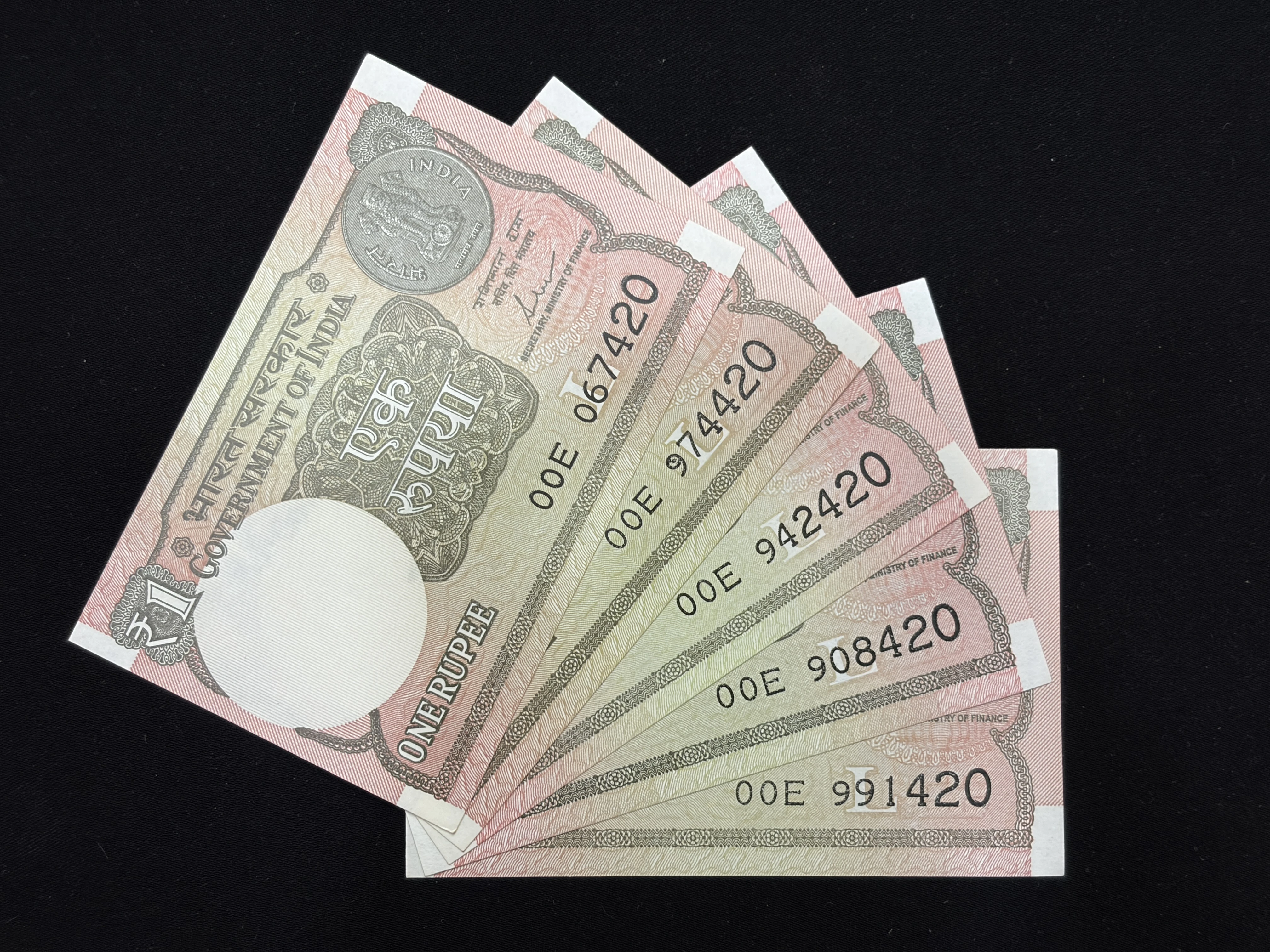 India, 2017 Rupee 1 x 5 Banknotes, Set of Fancy Serial Number Ending 420, Sign. Shaktikanta Das, Inset L, UNC, RARE, (00E 067420)