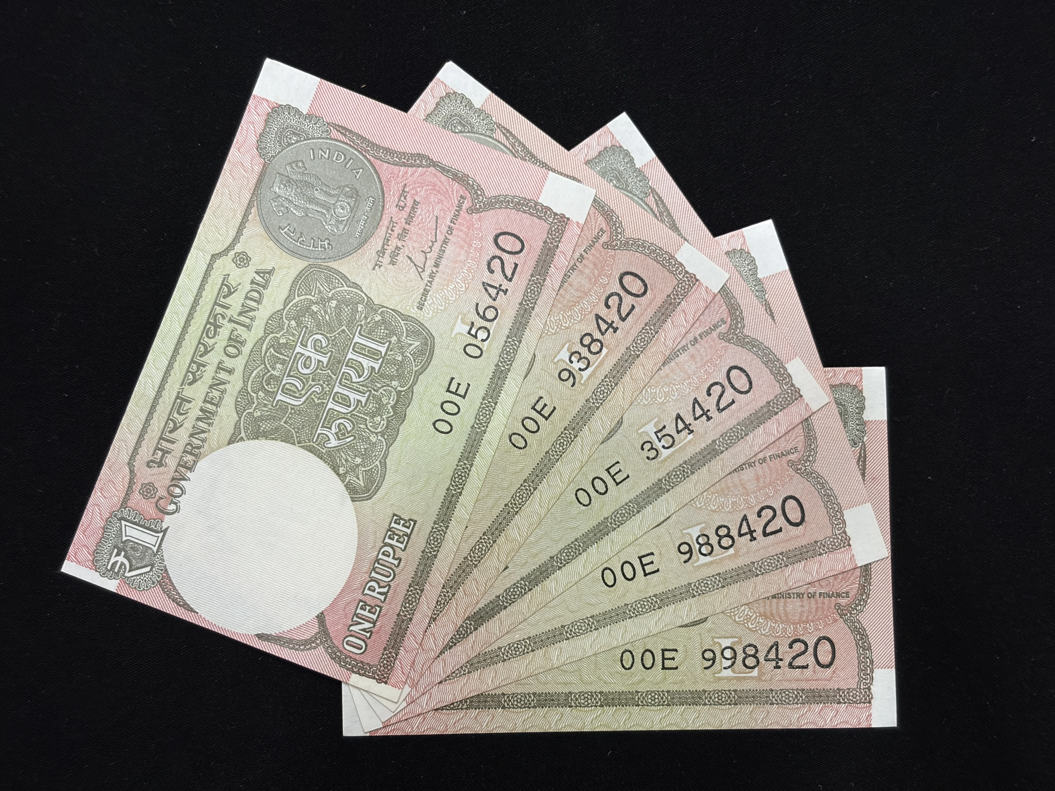 India, 2017 Rupee 1 x 5 Banknotes, Set of Fancy Serial Number Ending 420, Sign. Shaktikanta Das, Inset L, UNC, RARE, (00E 056420)