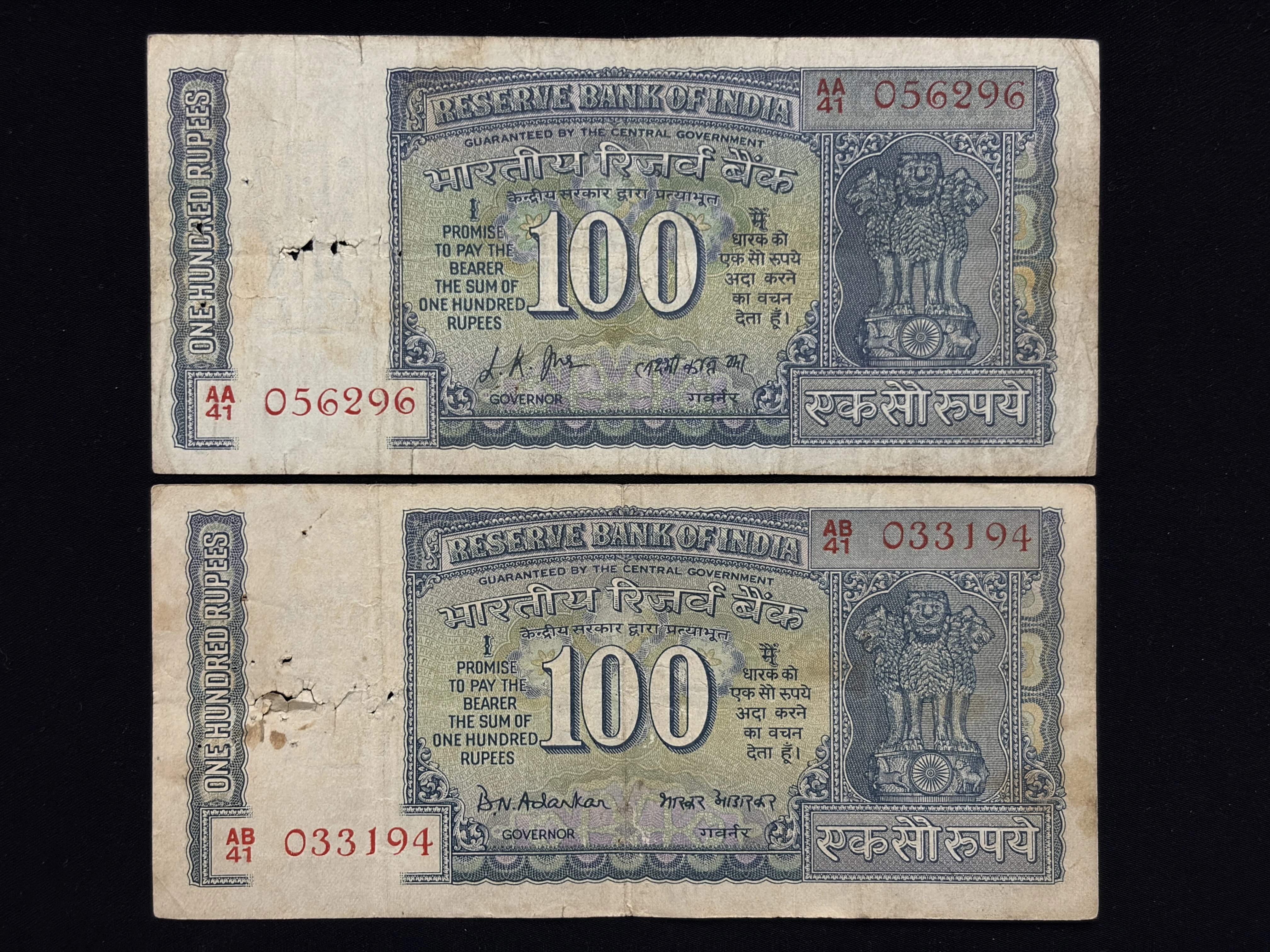 India, Rupees 100 x 2 Banknotes, Pair of Gandhi Issue, Sign. L.K. Jha & B.N. Adarkar, RARE & Scare, (AA41 056296)