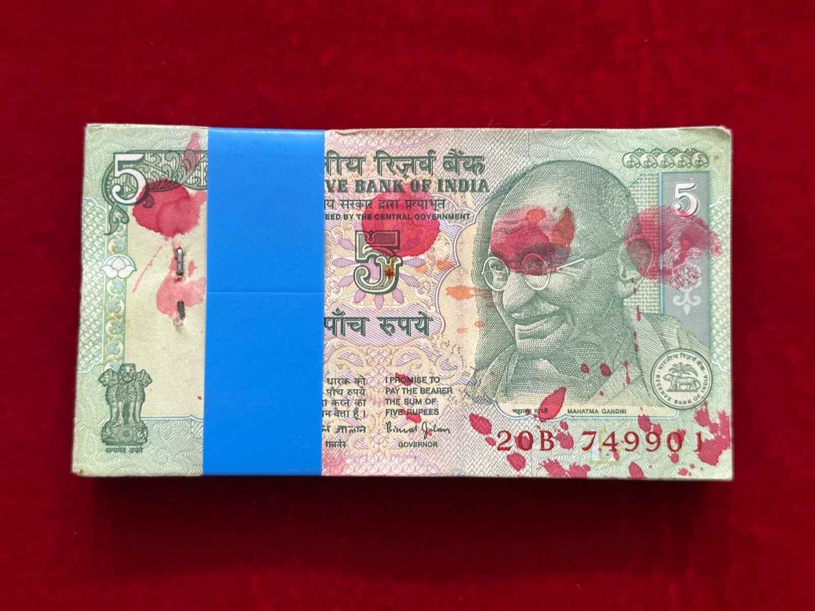 India, Rupees 5 Complete Serial Bundle of 100 Banknotes, Fancy Mirror Serial Number 749-947, Sign. Bimal Jalan, Letter L, (20B 749901)