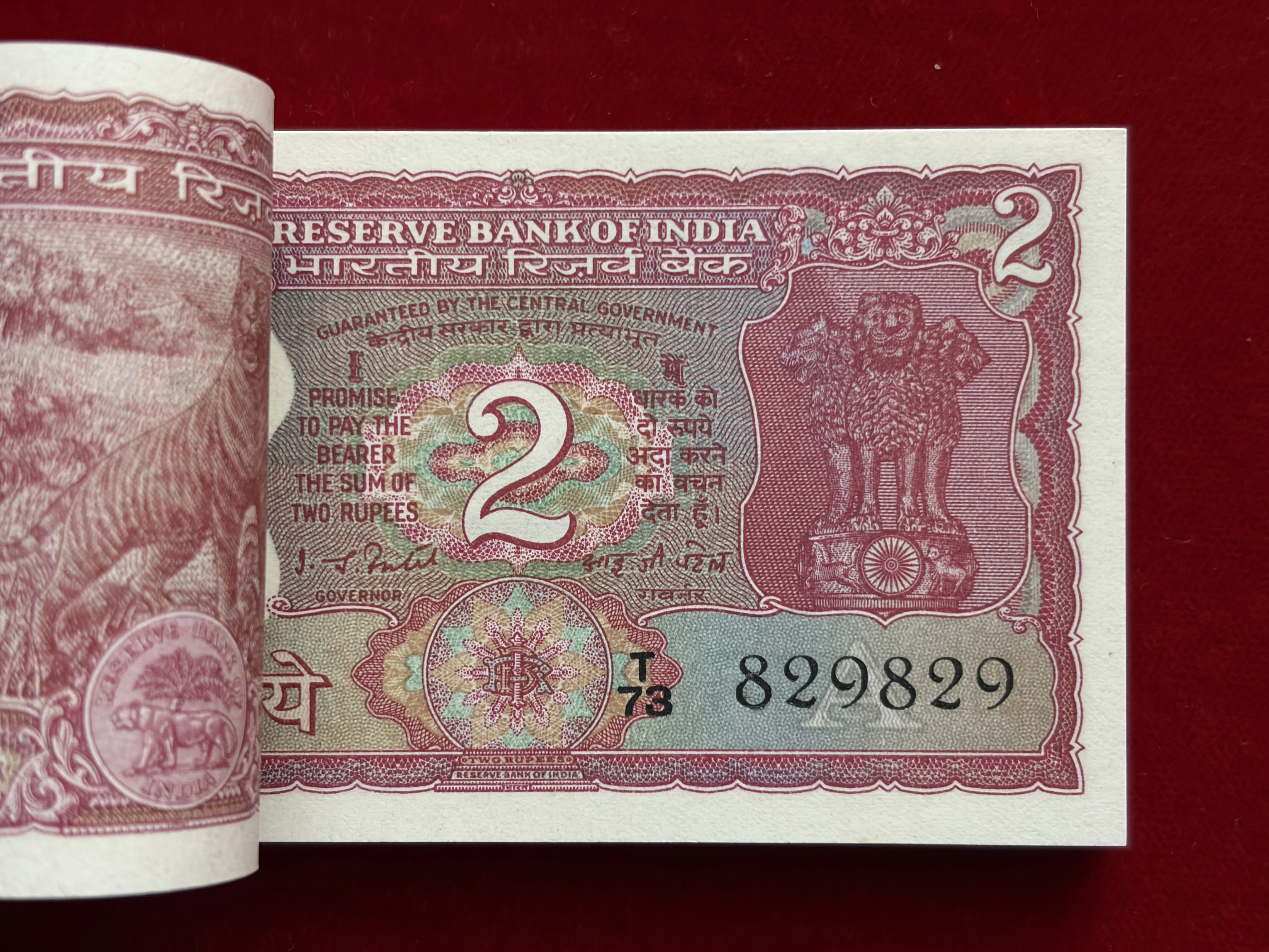 India, Rupees 2 Complete Serial Bundle of 100 Banknotes, Fancy Doubling Serial Number 829-829, Standing Tiger Issue, Sign. I.G. Patel, Inset A, UNC, (T73 829801)