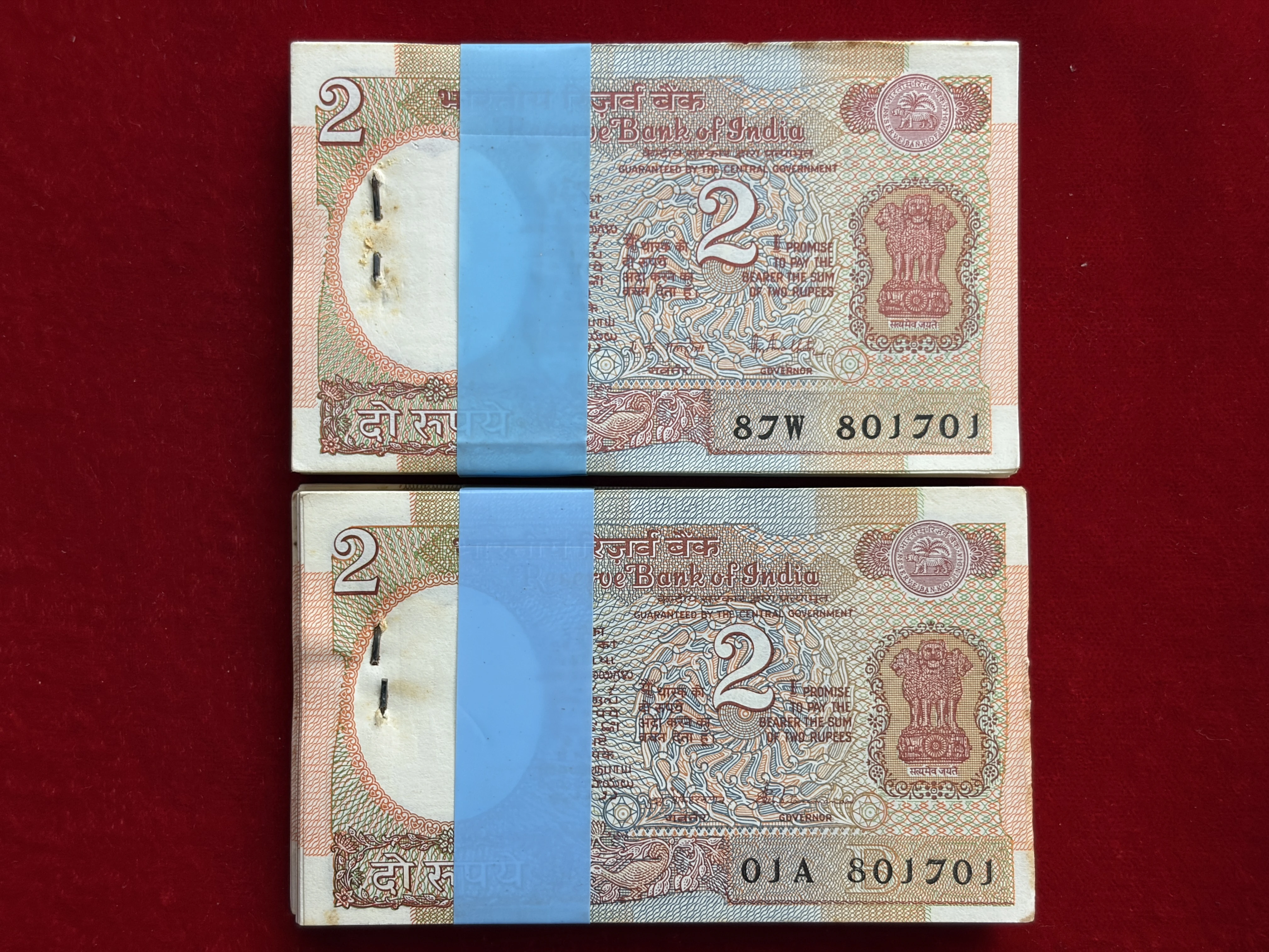 India, Rupees 2 x 2 Complete Serial Bundle, Pair of Same Serial Bundle, Satellite Issue, Sign. R.N. Malhotra & S. Venkitaramanan, UNC, RARE & Scare, (87W 801701)