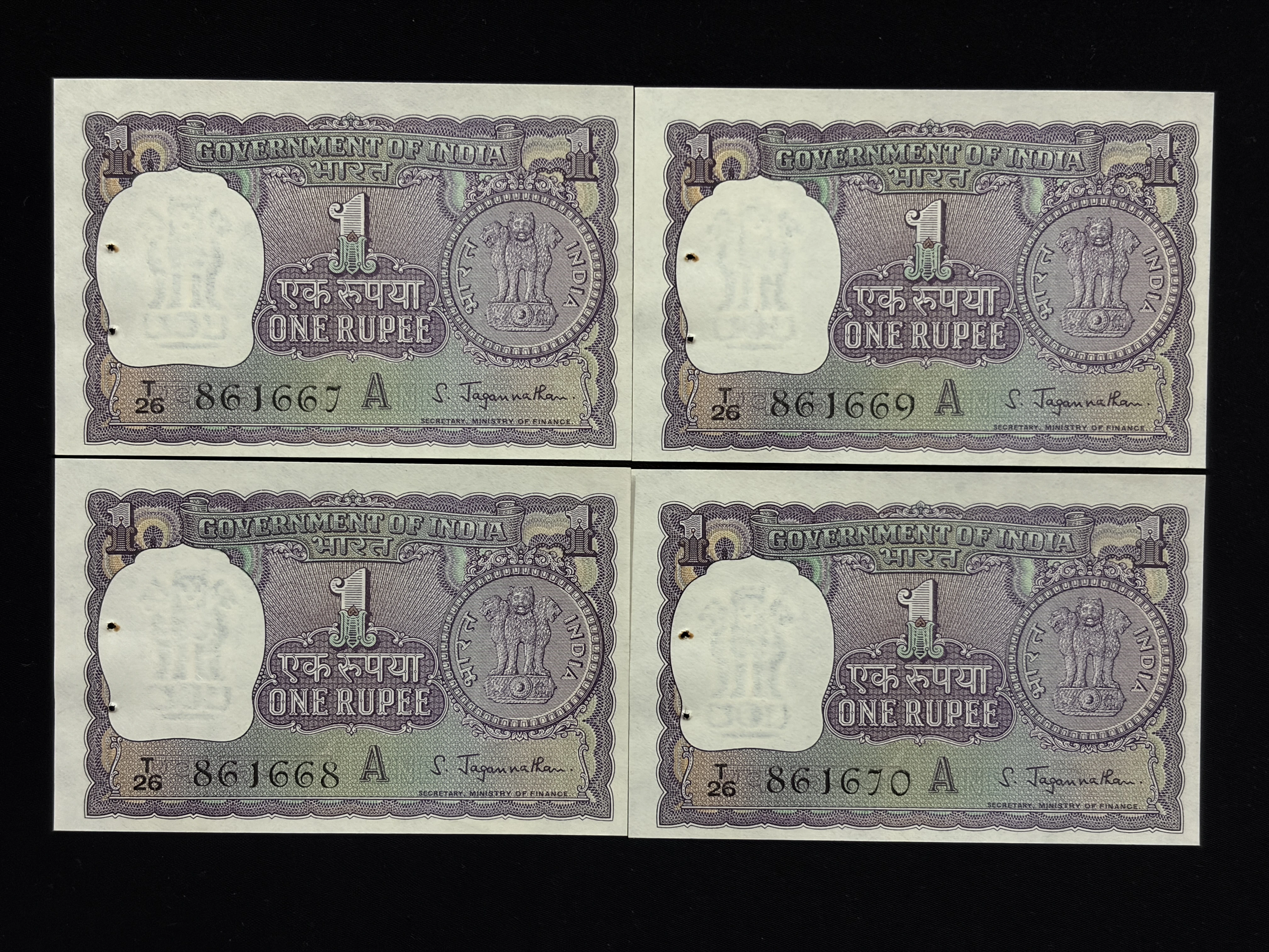 India, 1967 Rupee 1 x 4 Consecutive Serial Number Banknote, Sign. S. Jagannathan, Inset A, UNC, (T26 861667)