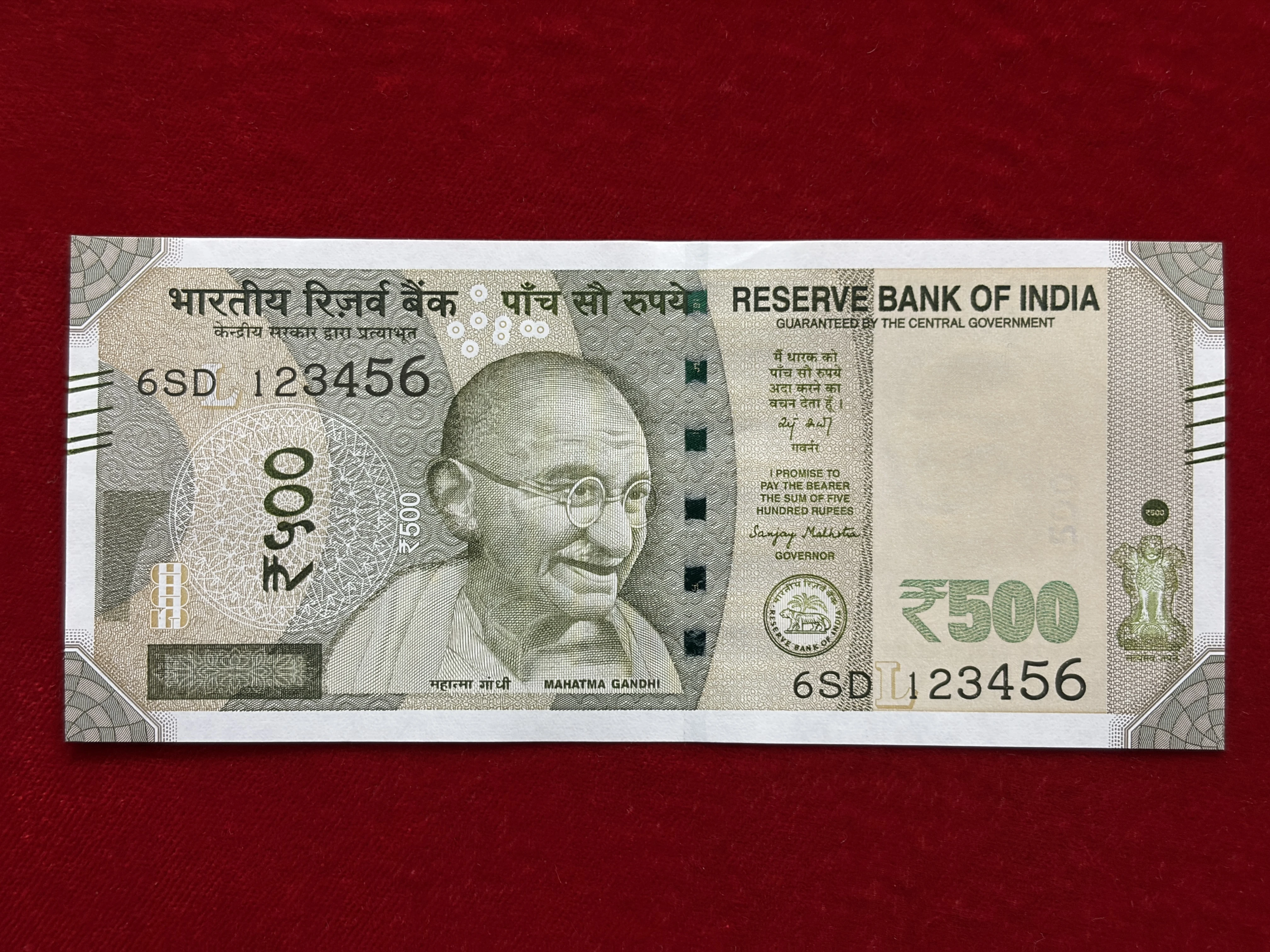 India, 2026 Rupees 500 Banknotes, Fancy Ladder Serial Number 1-2-3-4-5-6, Sign. Sanjay Malhotra, Inset L, UNC, (6SD 123456)