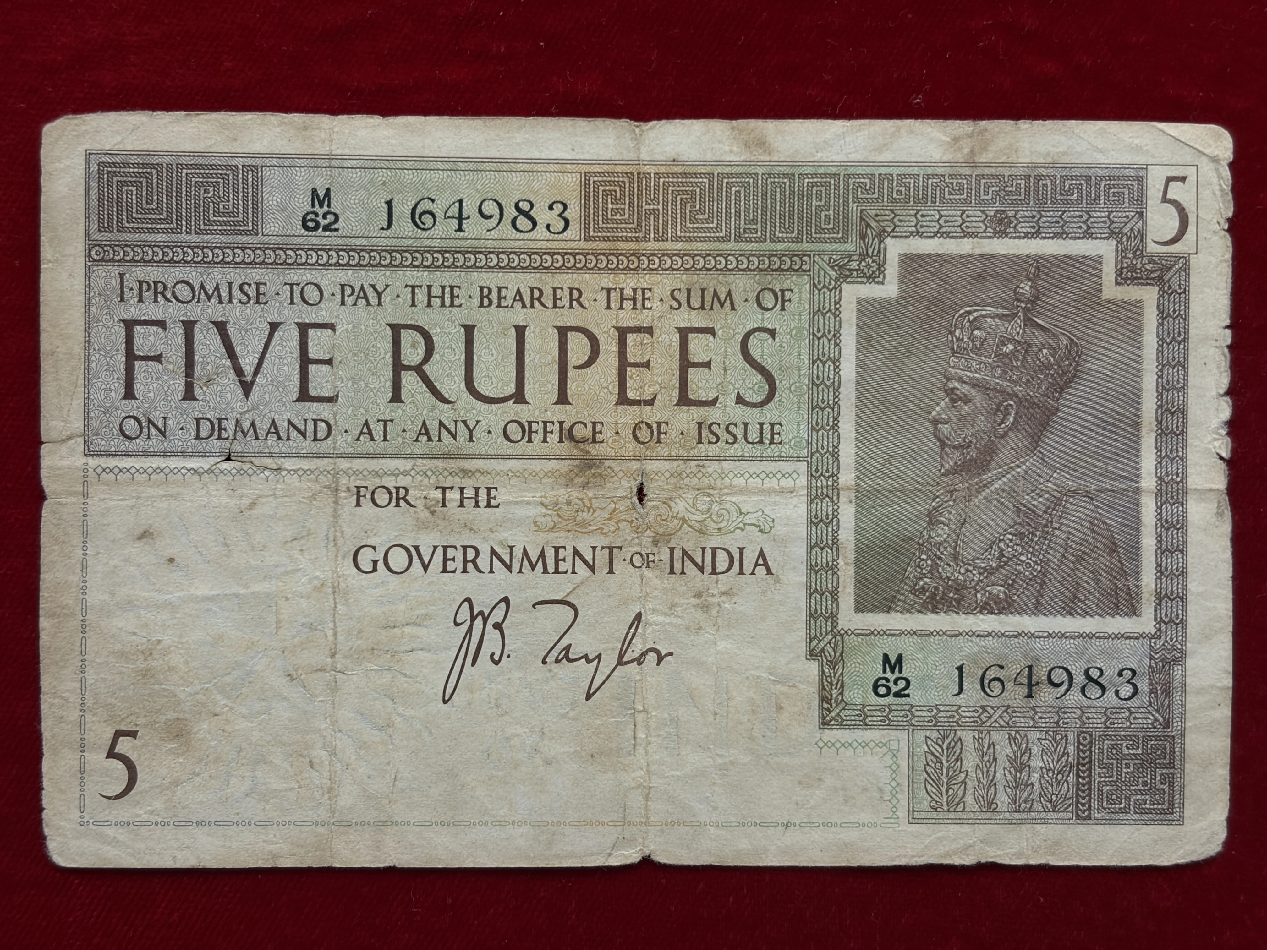 British India, 1926 Rupees 5 Banknote, King George V (KG V), Sign. J.B. Taylor, (M62 164983)