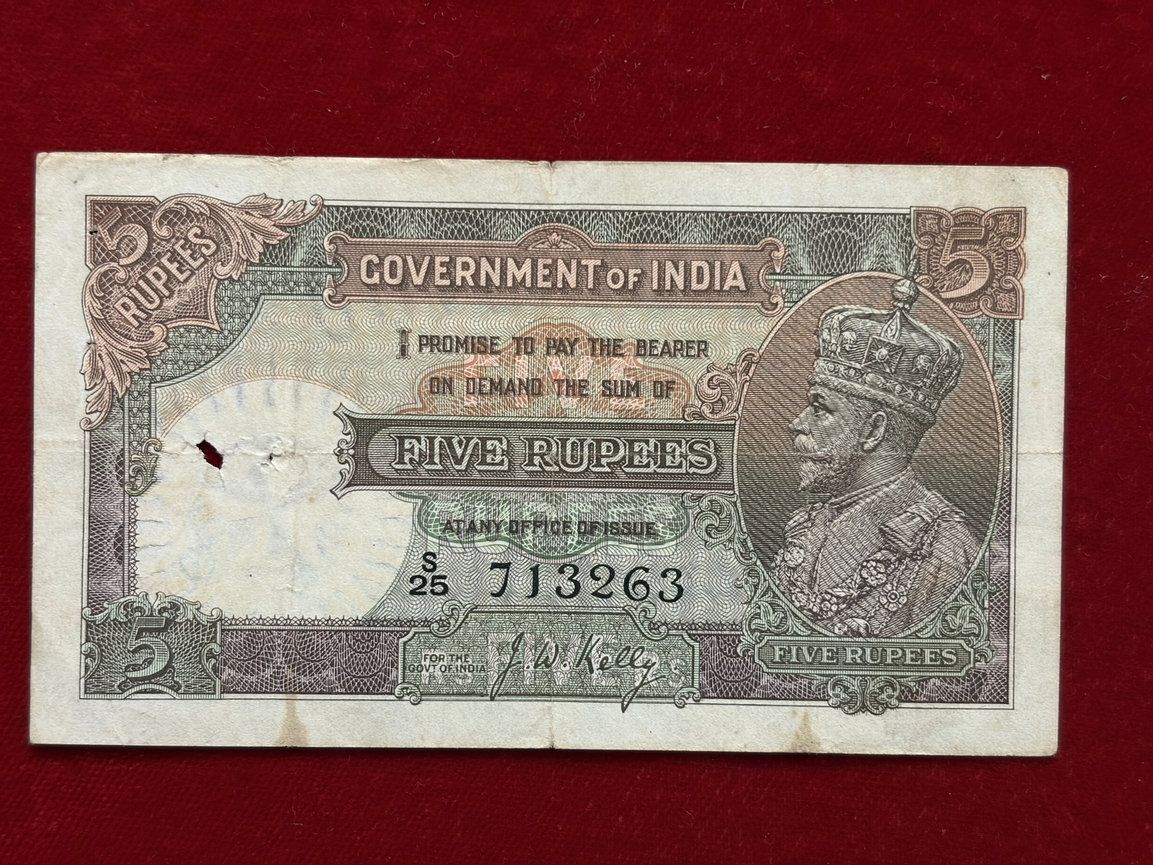 British India, Rupees 5 Banknote, King George V (KG V), Sign. J.W. Kelly, Scare, (S25 713263)