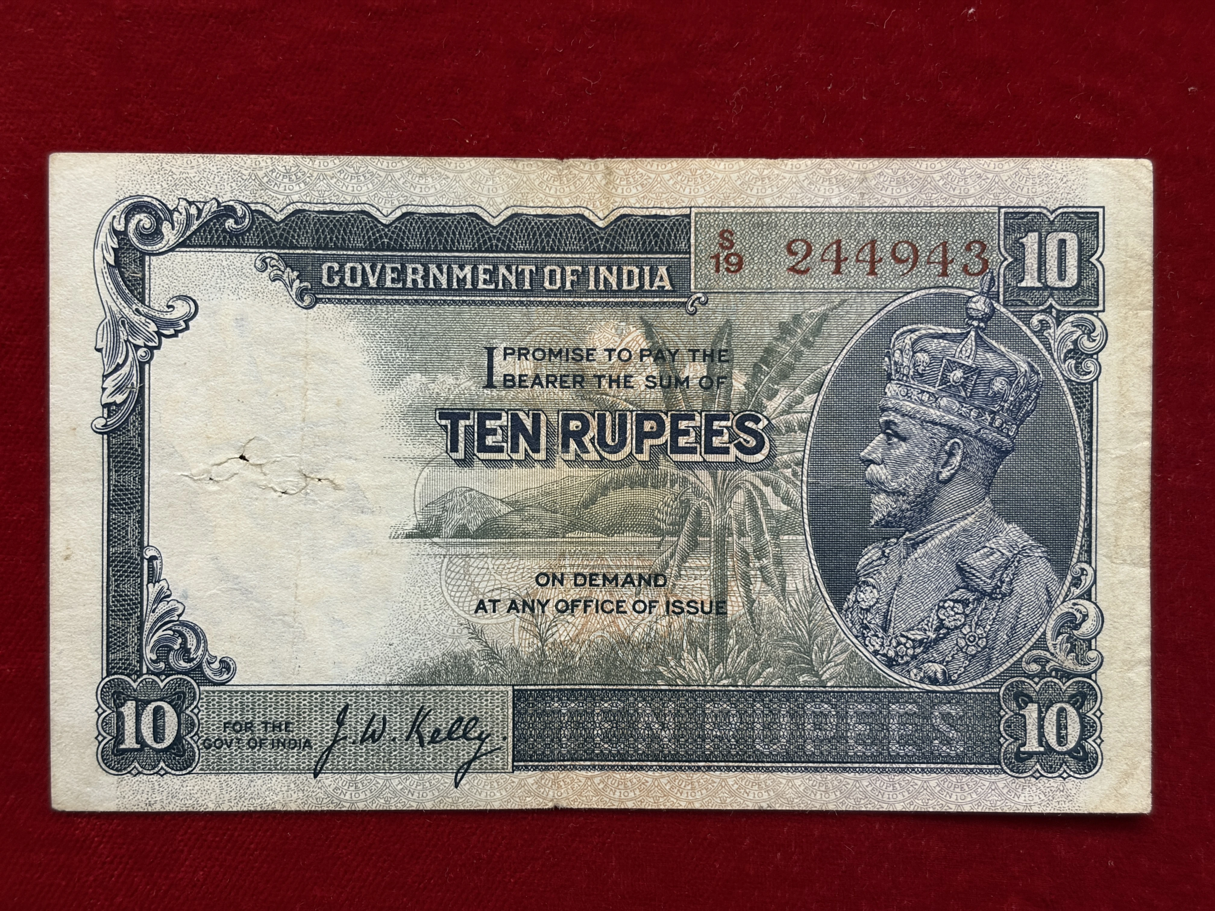 British India, Rupees 10 Banknote, King George V (KG V), Sign. J.W. Kelly, Scare, (S19 244943)