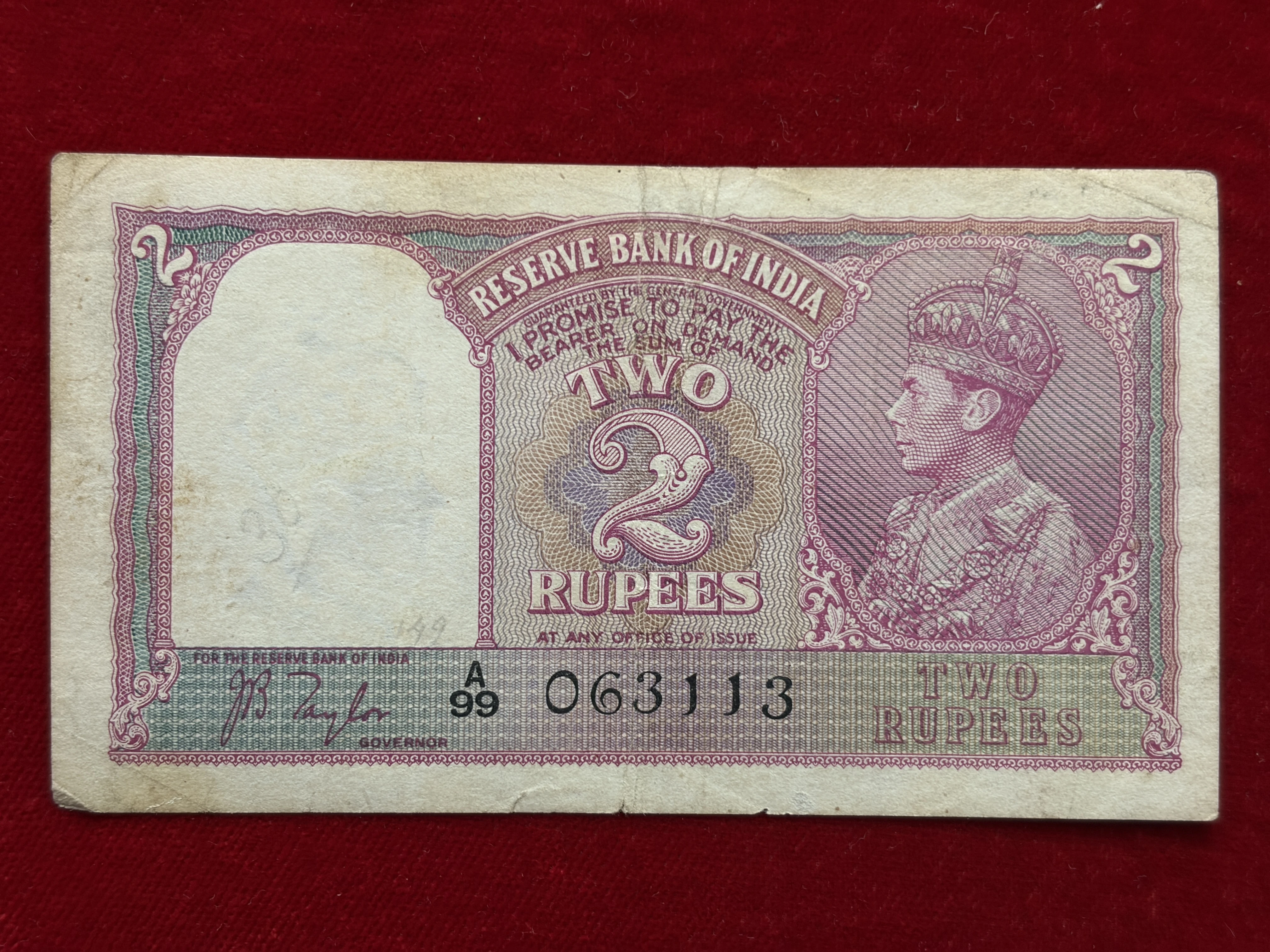 British India, 1938 Rupees 2 Banknote, King George VI (KG VI), Sign. J. B. Taylor, (A99 063113)