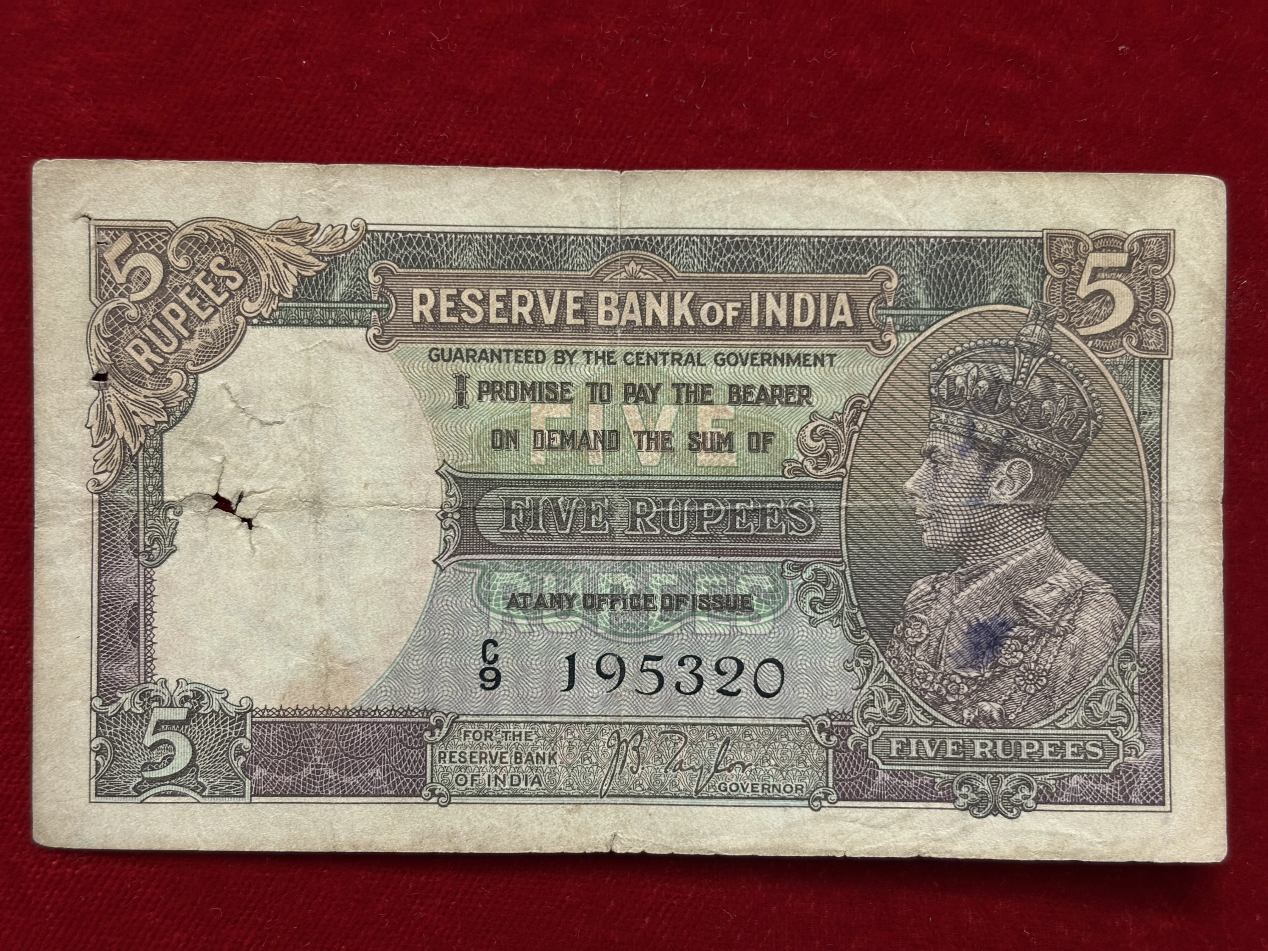British India, 1938 Rupees 5 Banknote, King George VI (KG VI), Sign. J. B. Taylor, (C9 195320)