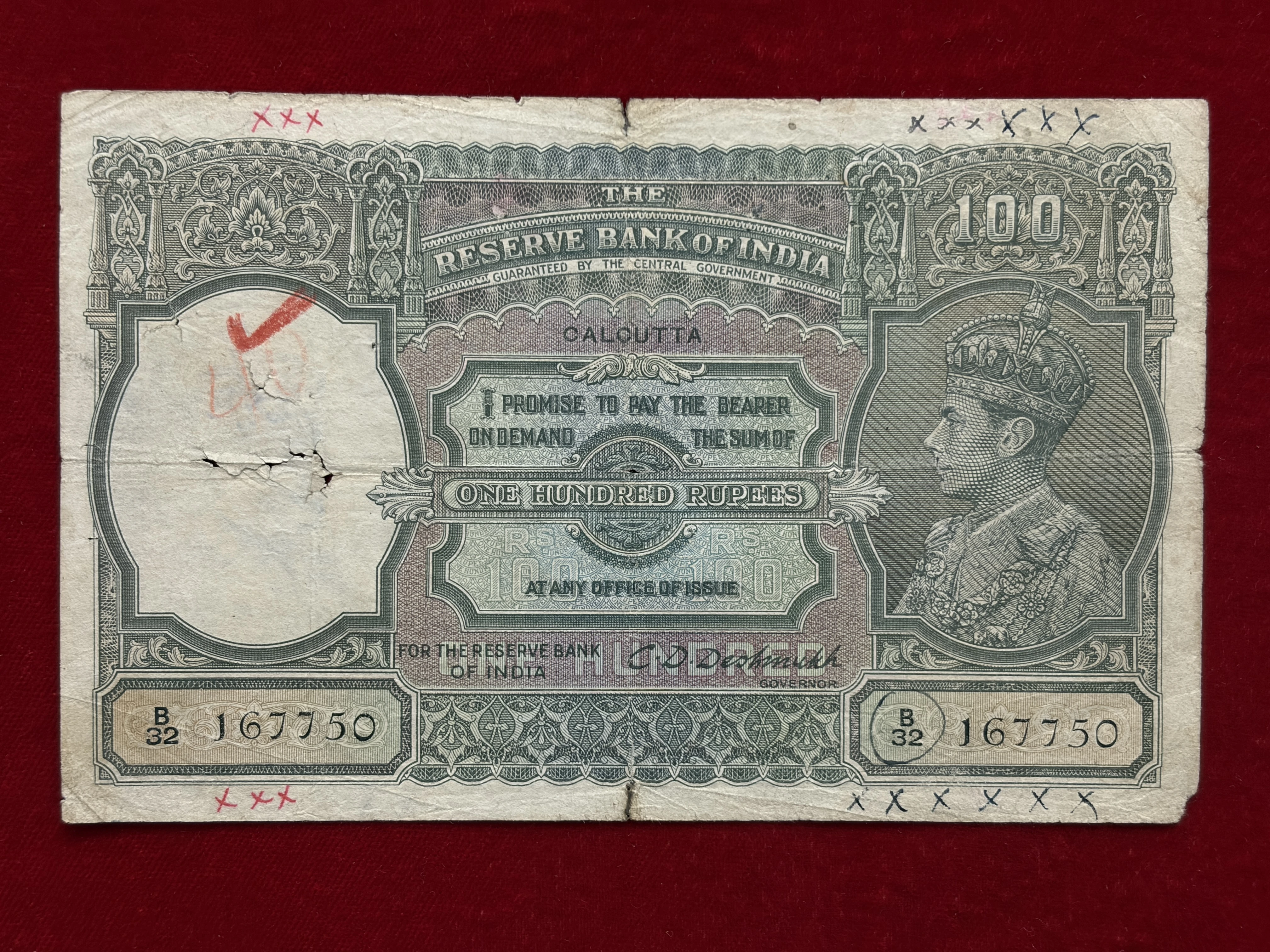 British India, 1944 Rupees 100 Banknote, King George VI (KG VI), Sign. C.D. Deshmukh,, Calcutta Circle, (B32 167750)