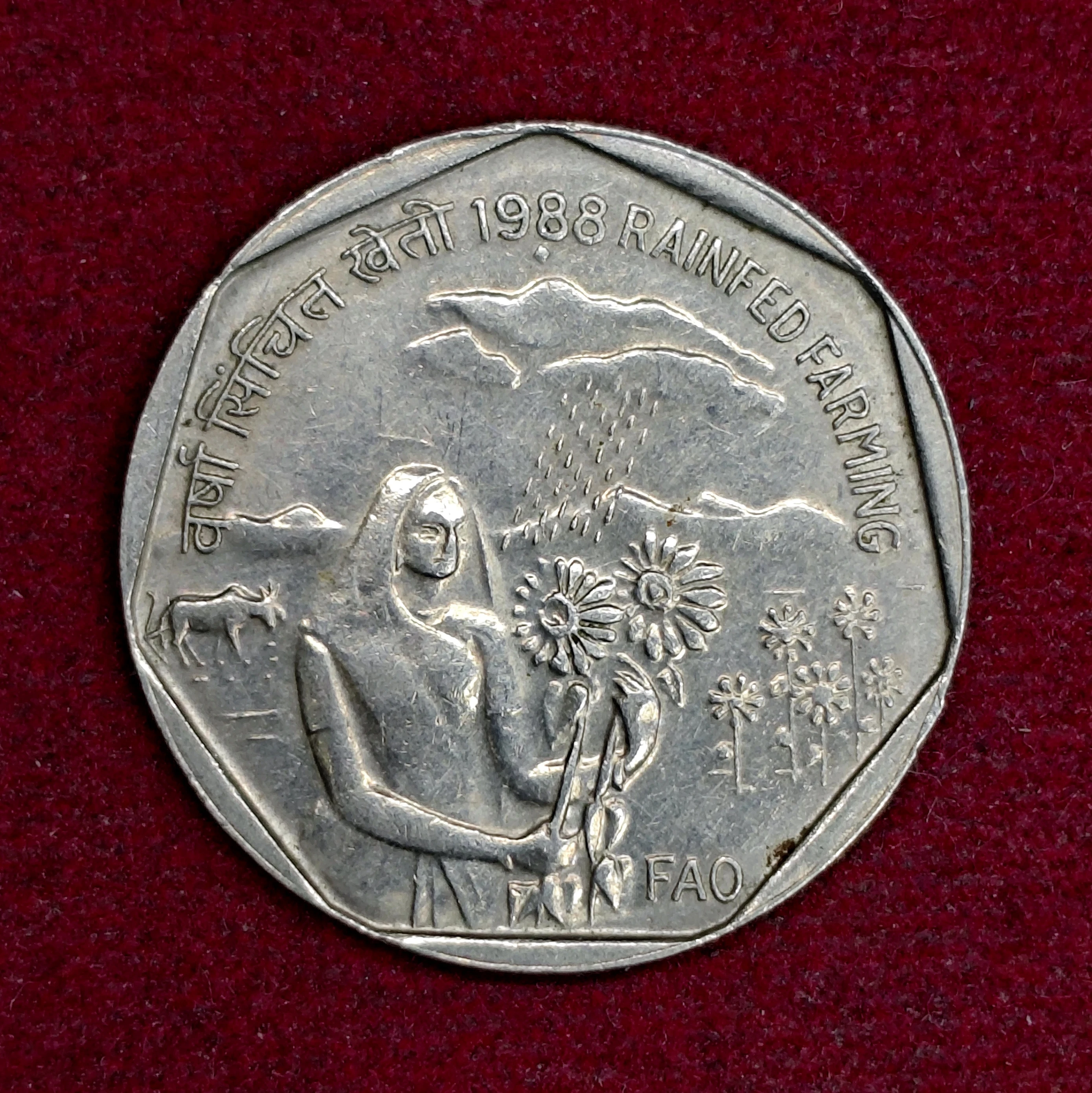 India 1 Ruppe FAO - Rainfed Farming Commemorative 1988 Coin (Mumbai Mint)