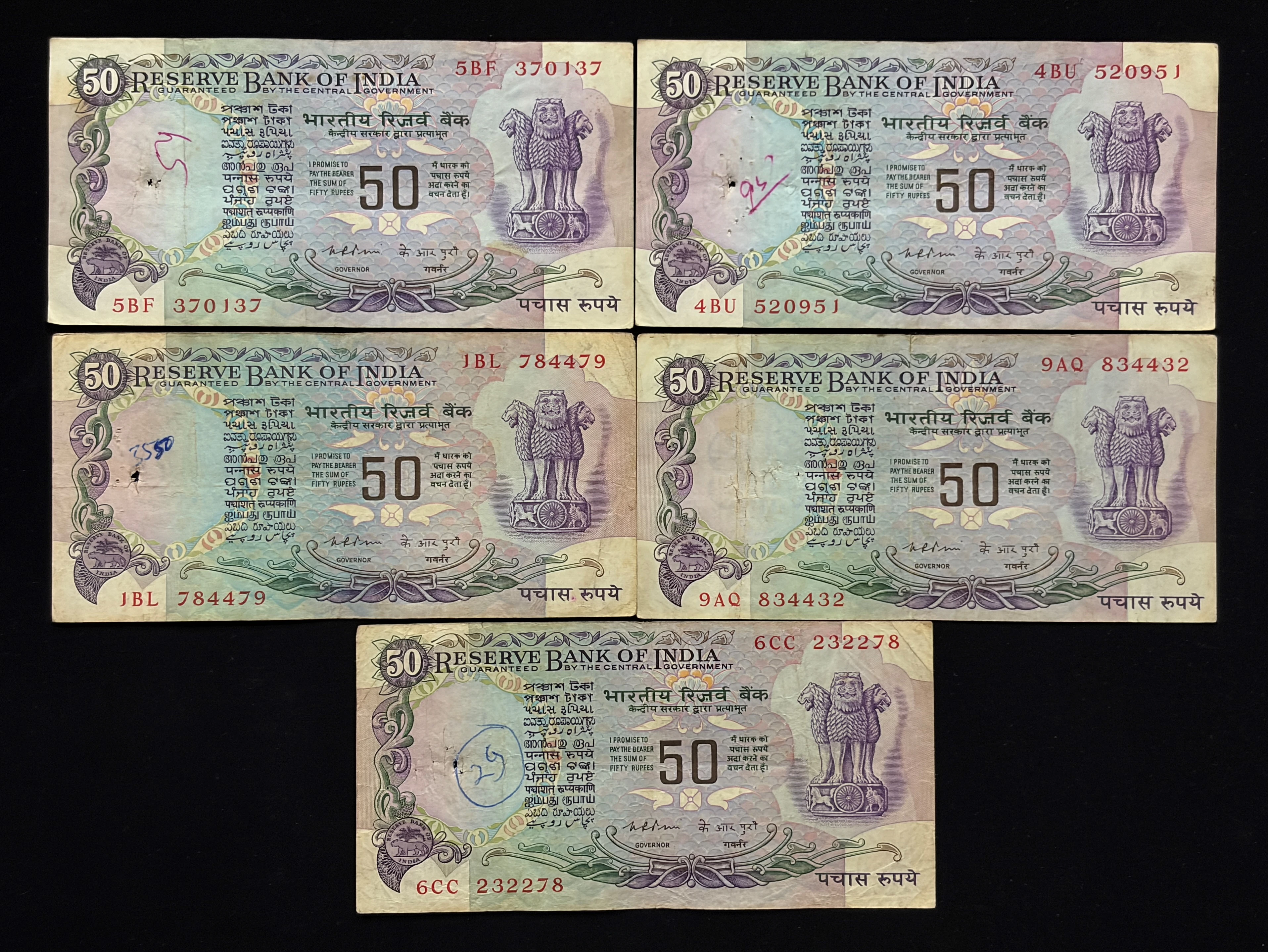 India, Rupees 50 x 5 Banknotes, 2nd Issue, Parliament Issue (Without Flag Issue), Sign. K.R. Puri, (5BF 370137)