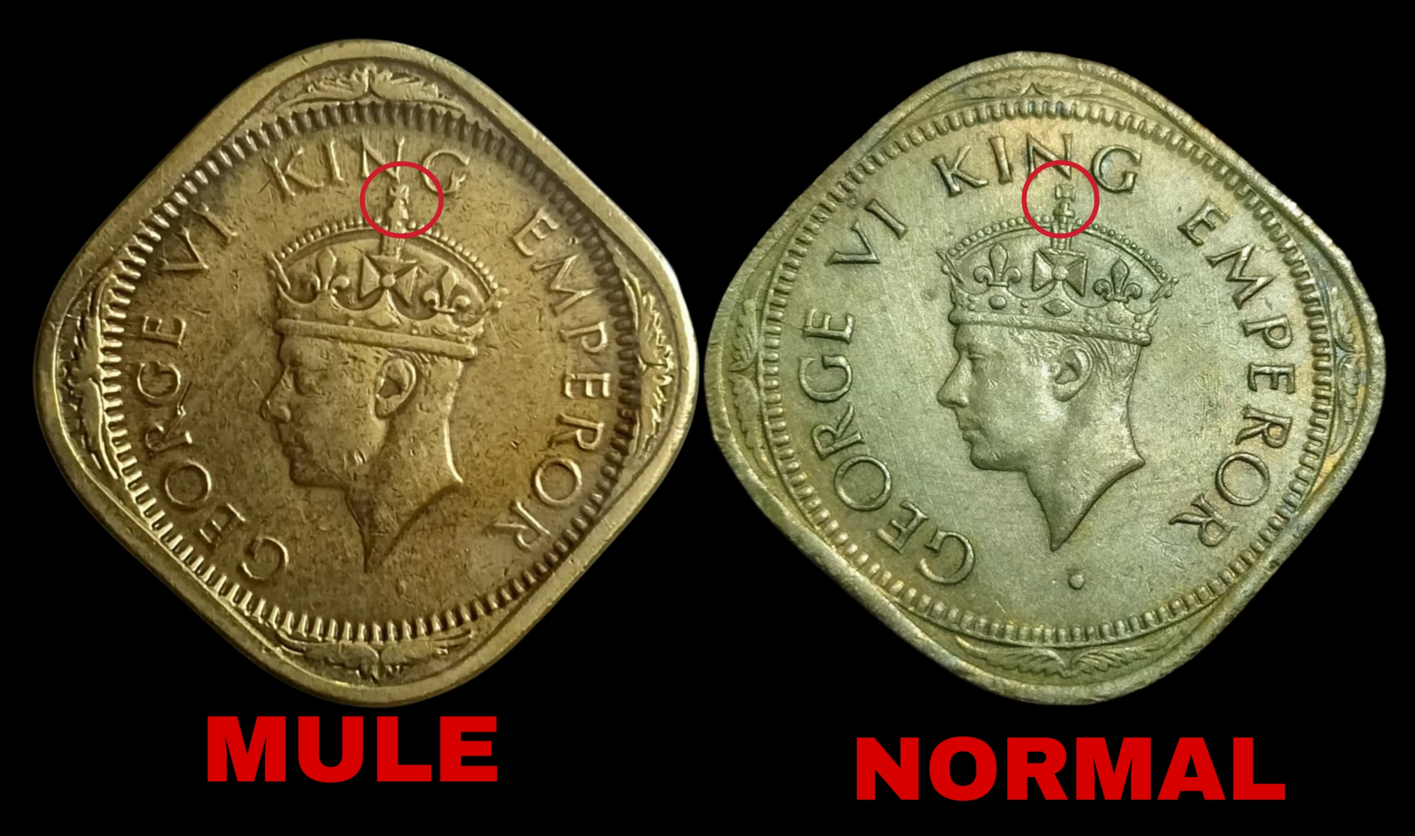 RARE 2 ANNA 1945 MULE COIN, 1943'S OBVERSE USED, BRITISH INDIA KING GEORGE VI IN EXCELLENT CONDITION, NORMAL COIN NOT INCLUDED