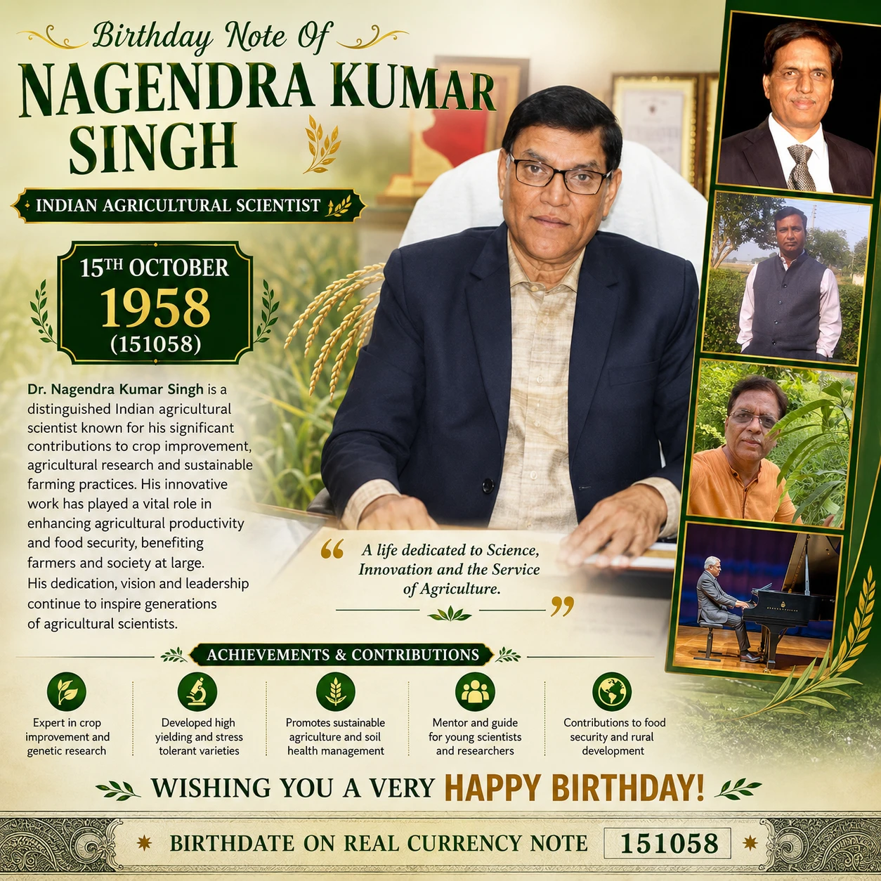 Birthday Note Of Nagendra Kumar Singh - Indian agricultural scientist 15th Oct 1958 (151058)