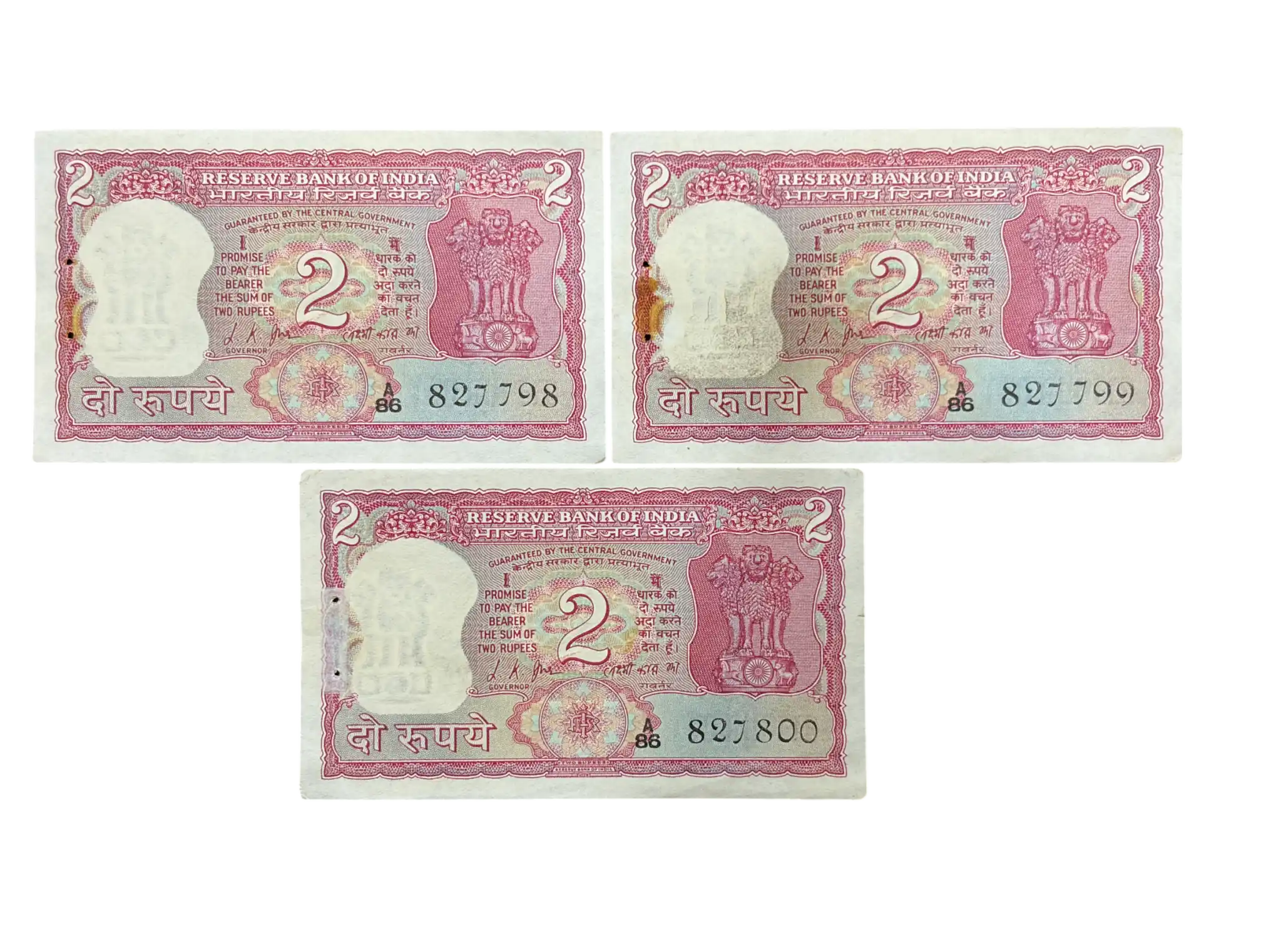 India, 1969 Rupees 2 x 3 Consecutive Serial Banknotes, Gandhi Issue, Sign. L.K. Jha, UNC, (A86 827798)