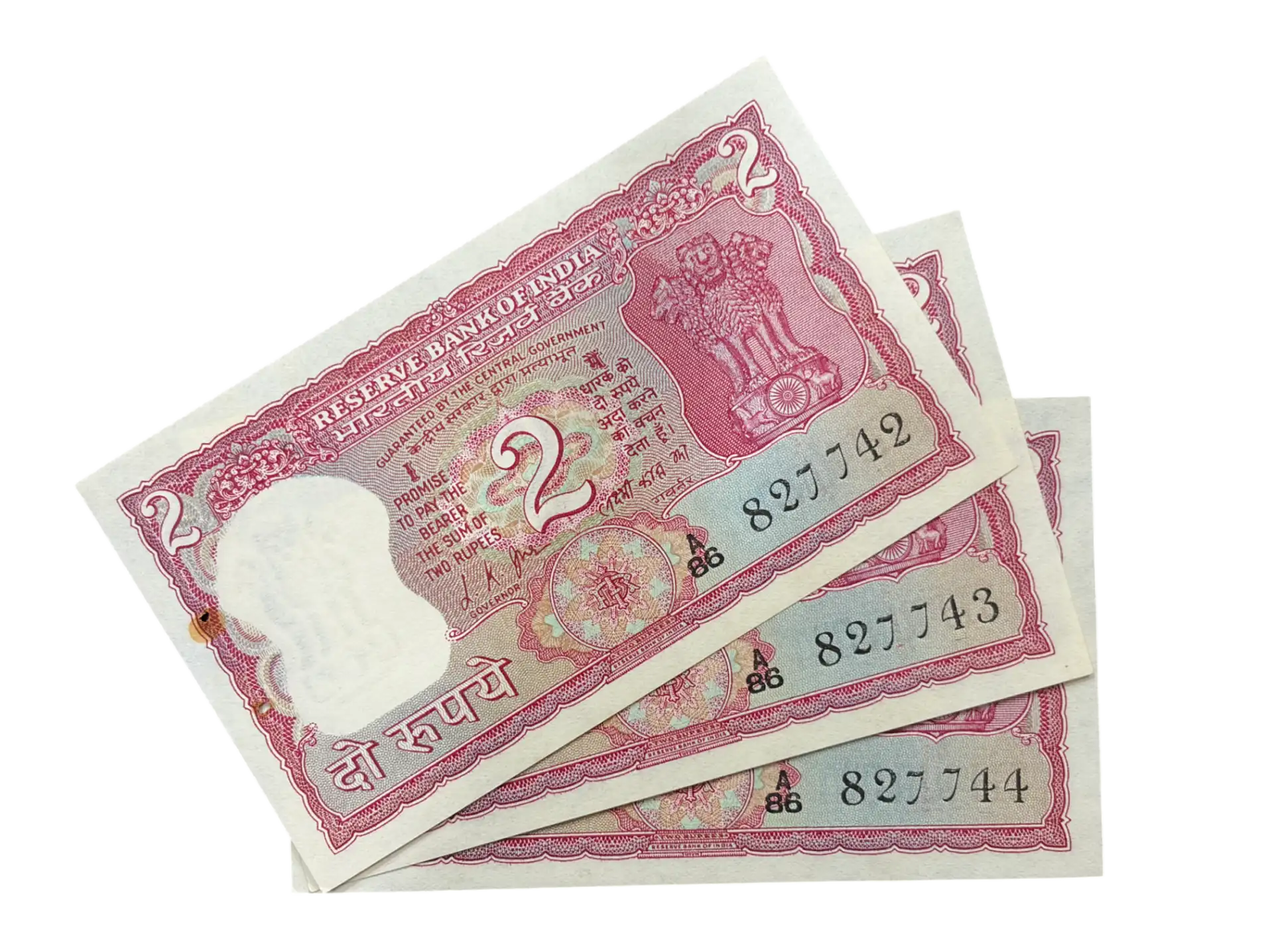 India, 1969 Rupees 2 x 3 Consecutive Serial Banknotes, Gandhi Issue, Sign. L.K. Jha, UNC, (A86 827742)