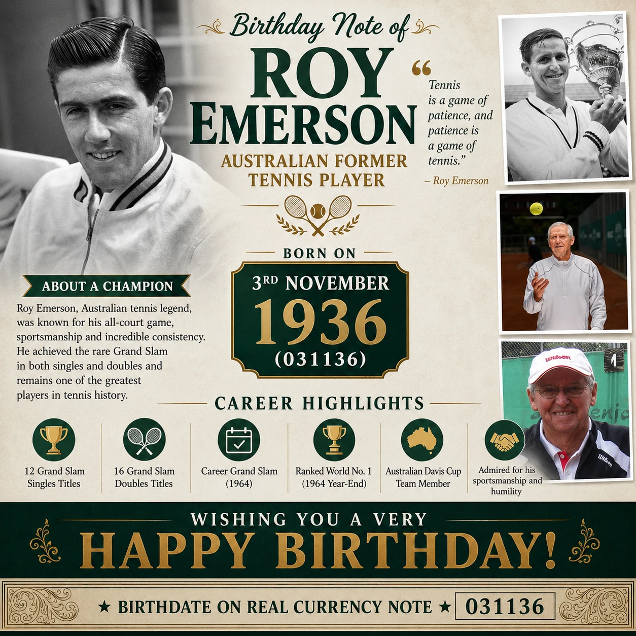 Birthday Note of Roy Emerson - Australian former tennis player 3rd Nov 1936 (031136)