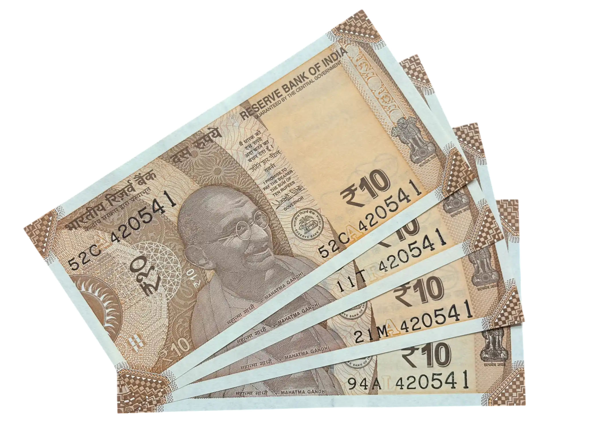 India, Rupees 10 x 3 Banknotes, Set of Fancy Serial Number 420-541 (SAI), UNC, (52C 420541)