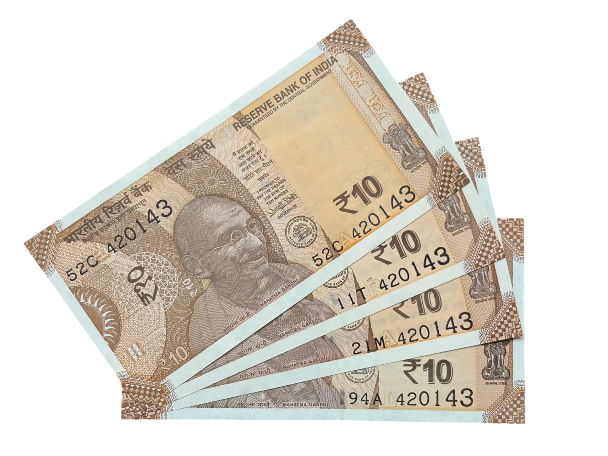 India, Rupees 10 x 4 Banknotes, Set of Fancy Serial Number 420-143 (I Love You), UNC, (52C 420143)