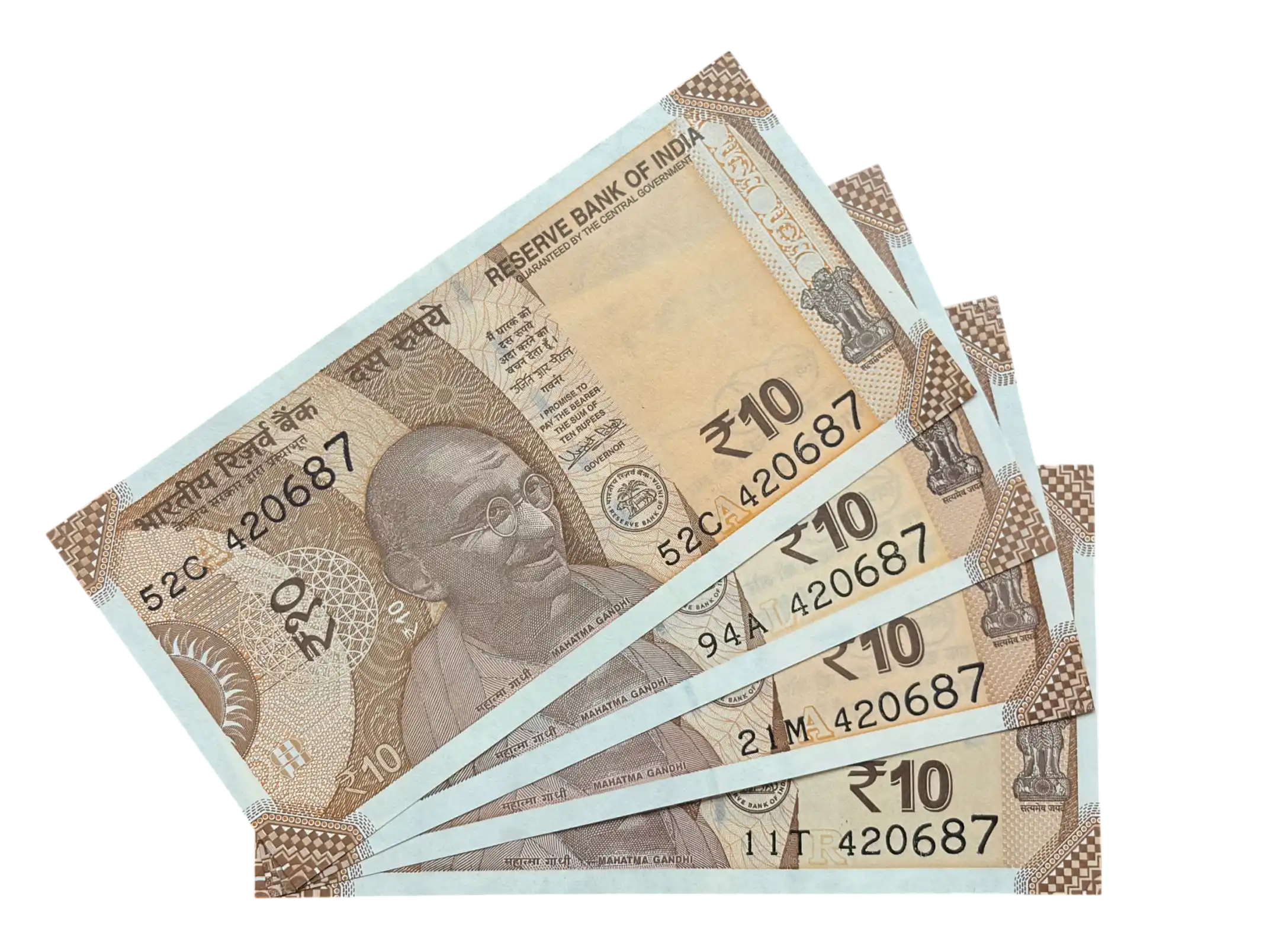 India, Rupees 10 x 4 Banknotes, Set of Holy Fancy Serial Number 420-687 (Reverse 786), UNC, (52C 420687)